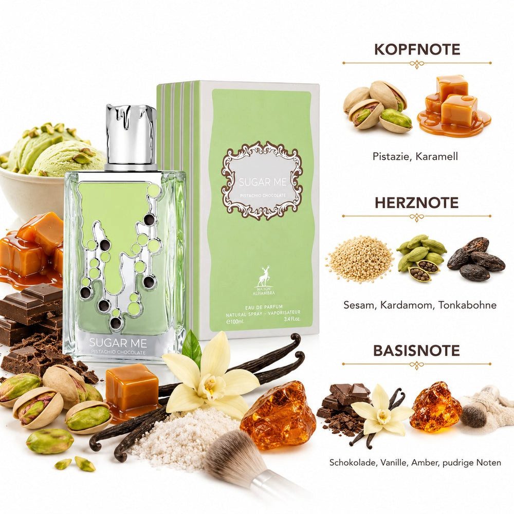 Maison Alhambra Duft-Set Sugar Me Pistachio Chocolate EDP 100ml + Parfümzerstäuber (leer) Set