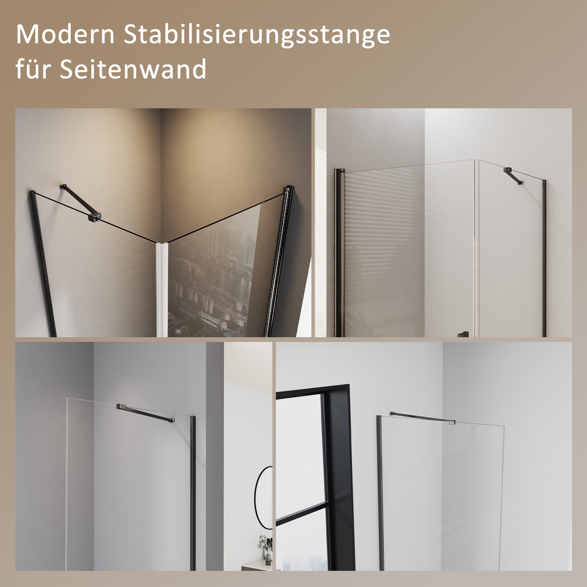 Hopibath Duschwand-Stabilisationsstange Schwarz 48cm für Seitenwand Seitenteil, (Stabilisator, rechteckig), für Duschabtrennung Duschwand Walk In Dusche