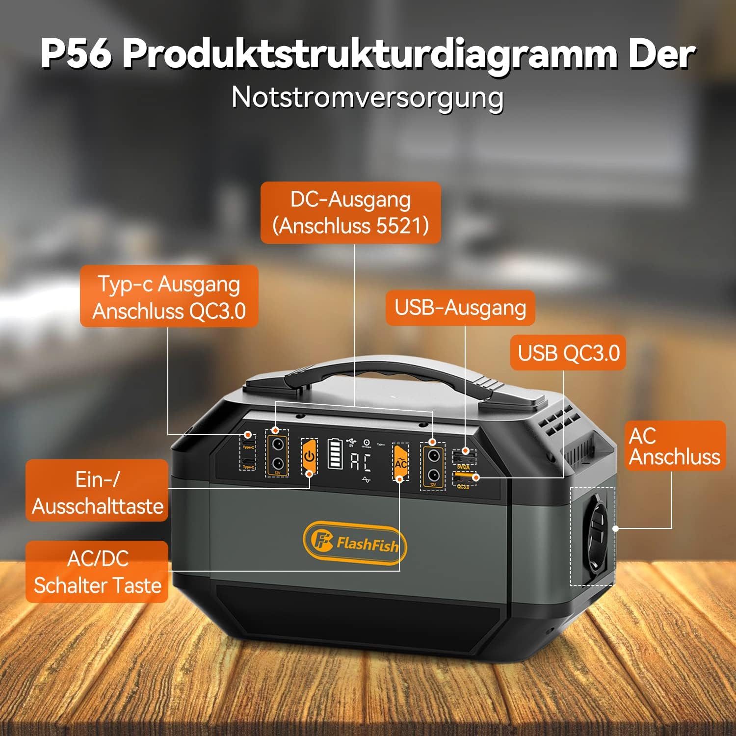 Flashfish Stromerzeuger Tragbare Powerstation 330W(600W Spitze),288,6Wh Akku,9 Ausgänge, 0,3 in kW, für Camping Wohnmobil und als Notstromaggregat