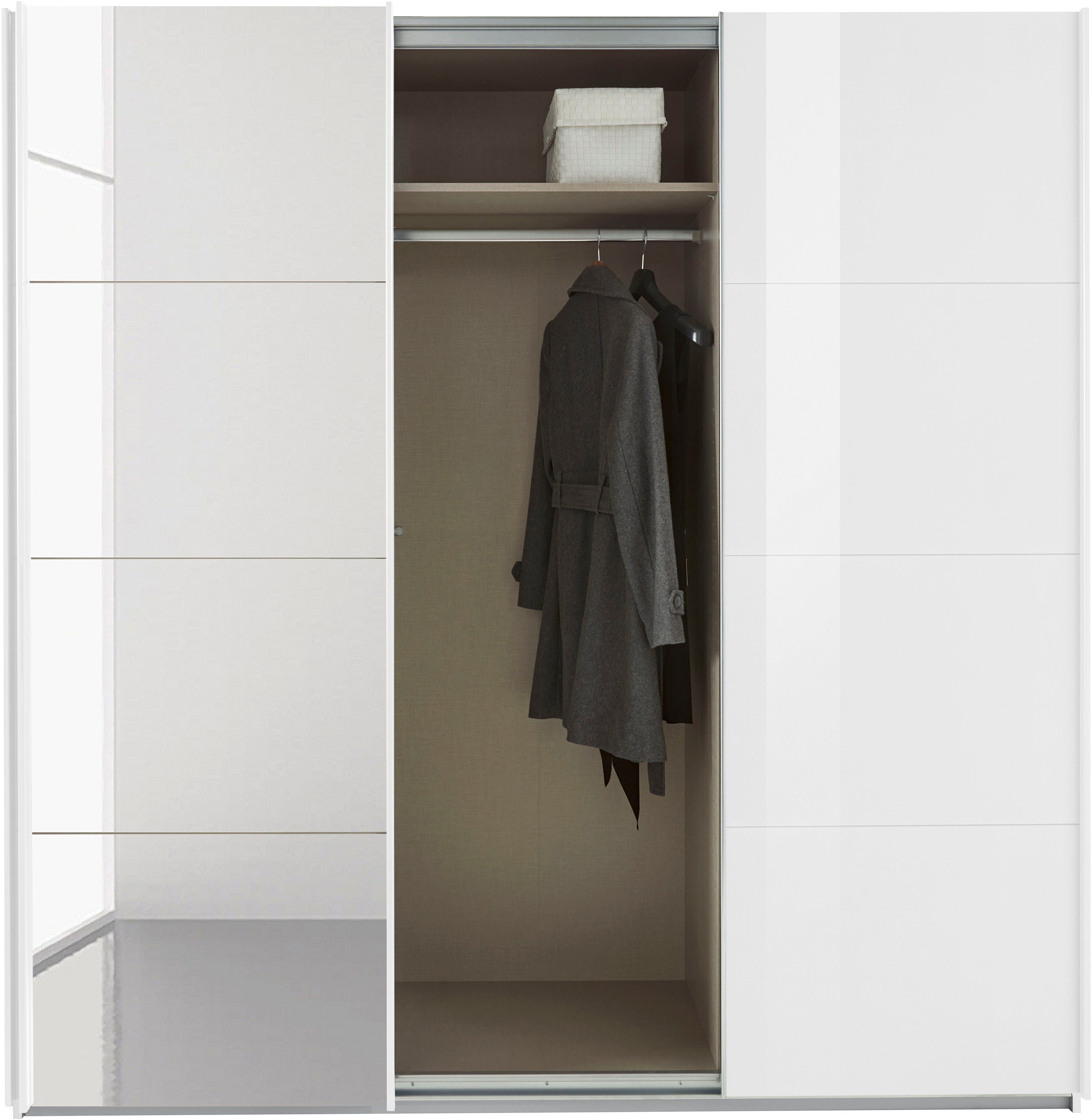 3 inkl. Weiß zusätzlichen Oteli Weiß/Hochglanz Böden Innenschubladen mit Wäscheeinteilung sowie rauch Schwebetürenschrank