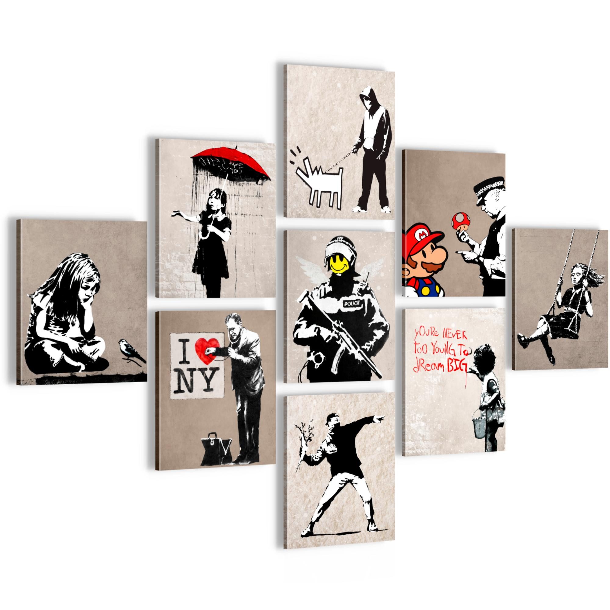 Novart Wandbild Wandbilder Banksy Collage Street Art Wohnzimmer Loft, Collage (9 St)