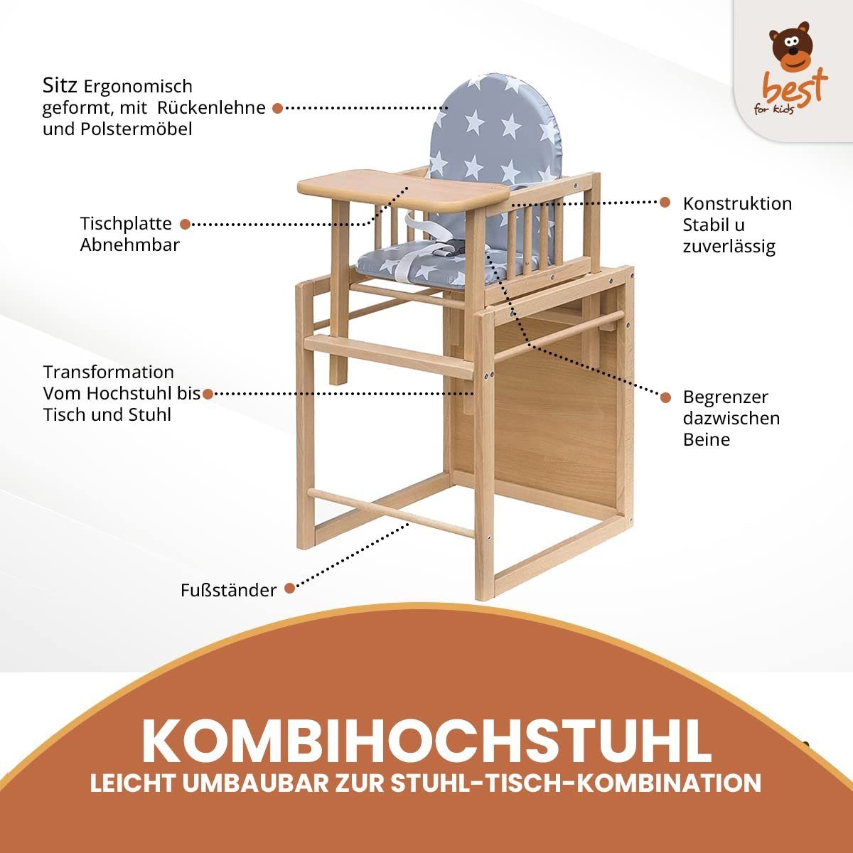 Best for Kids Kombihochstuhl Victoria, zur umbaubar leicht Stuhl-Tisch-Kombination