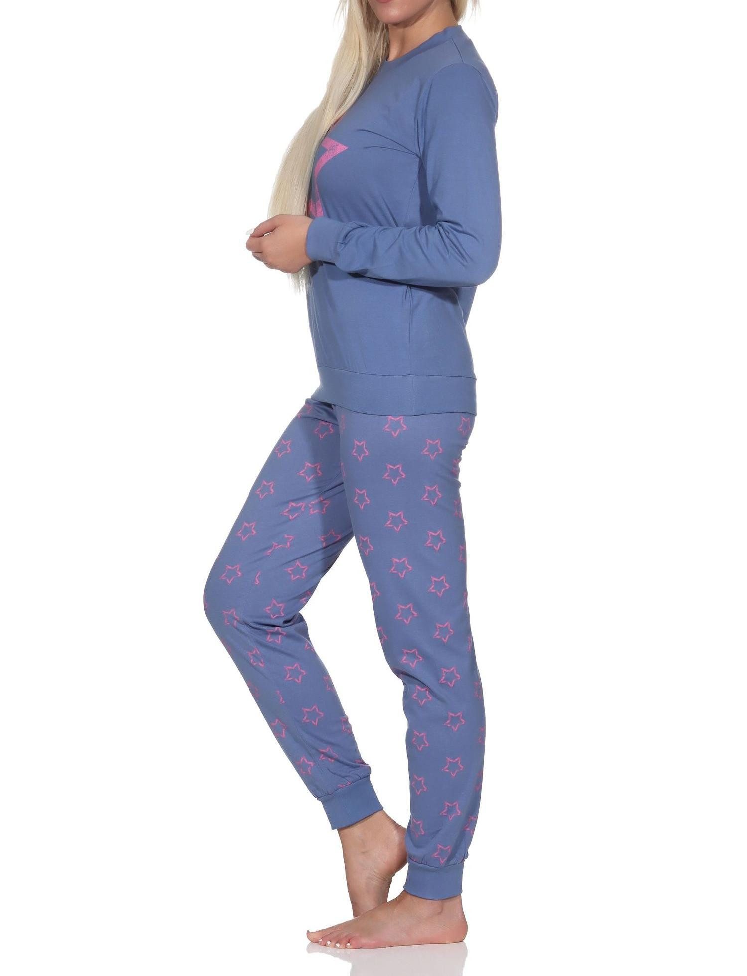 Pyjama Normann Damen Schlafanzug mit Bündchen in wunderschöner Sternenoptik