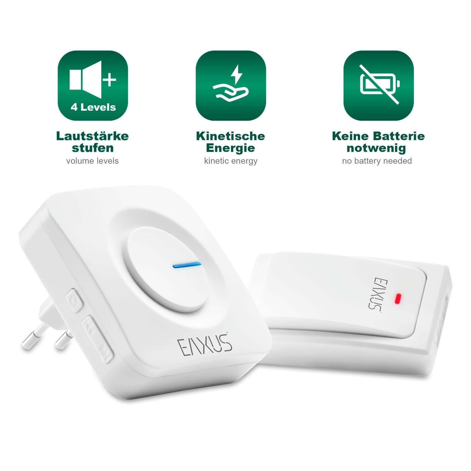 EAXUS Türklingel-Set Moderne Kinetische Haustürklingel mit 36 Klingeltönen, Weiß, 1 Empfänger, 36 Klingeltöne, 4-stufige Lautstärkeregelung, 200 Meter Reichweite, LED-Signal, IP44
