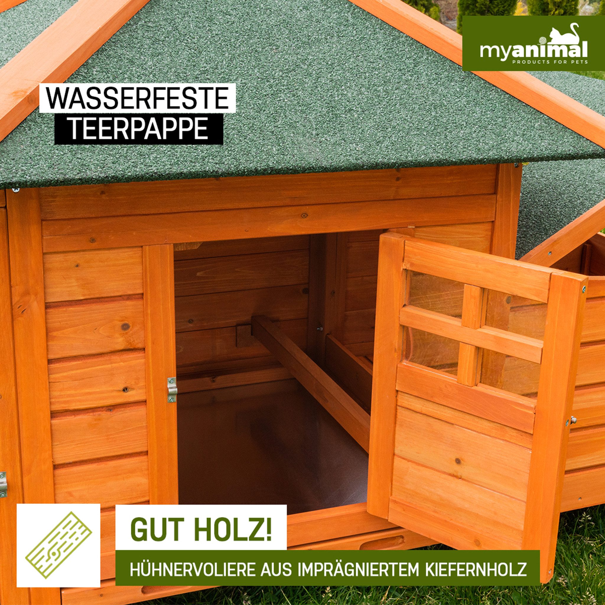 My Animal Hühnerstall MH-19 für 3-4 Hühner, Wetterbeständig, Kieferholz, Hühnerhaus, Hühner Käfig, Gehege, Nistkasten