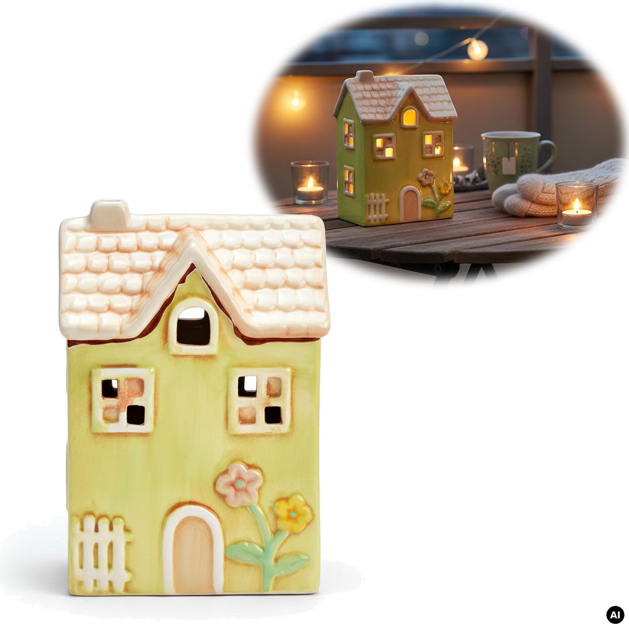 LS-LebenStil Teelichthalter LED Lichterhaus Nyhavn 19cm Grün Keramik Fachwerkhaus Leuchthaus (LED beleuchtetes Windlicht, dänisches Fachwerkhaus, 1 St., Lichterhaus Lichterhäuschen Garten Balkon Deko), Deko Hochzeit Ostern Weihnachten Konfirmation