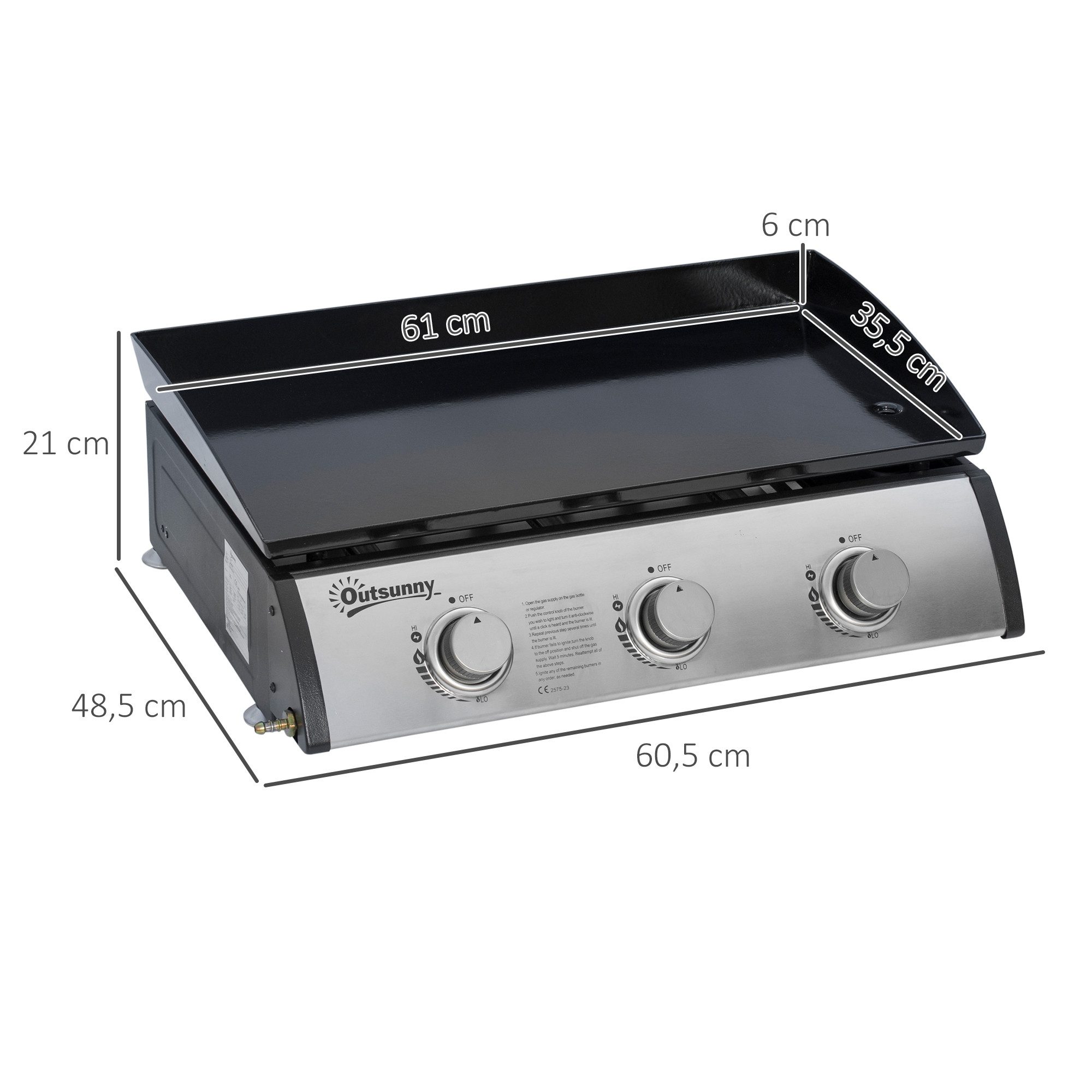 Outsunny Gasgrill 9000BTU/2,5 KW, inkl 3 Edelstahl-Brenner, Druckminderer, Gasschlauch, Gas-Grill, BBQ Gartengrill, für Balkon, Camping-Grill, 63 x 48 x 21 cm