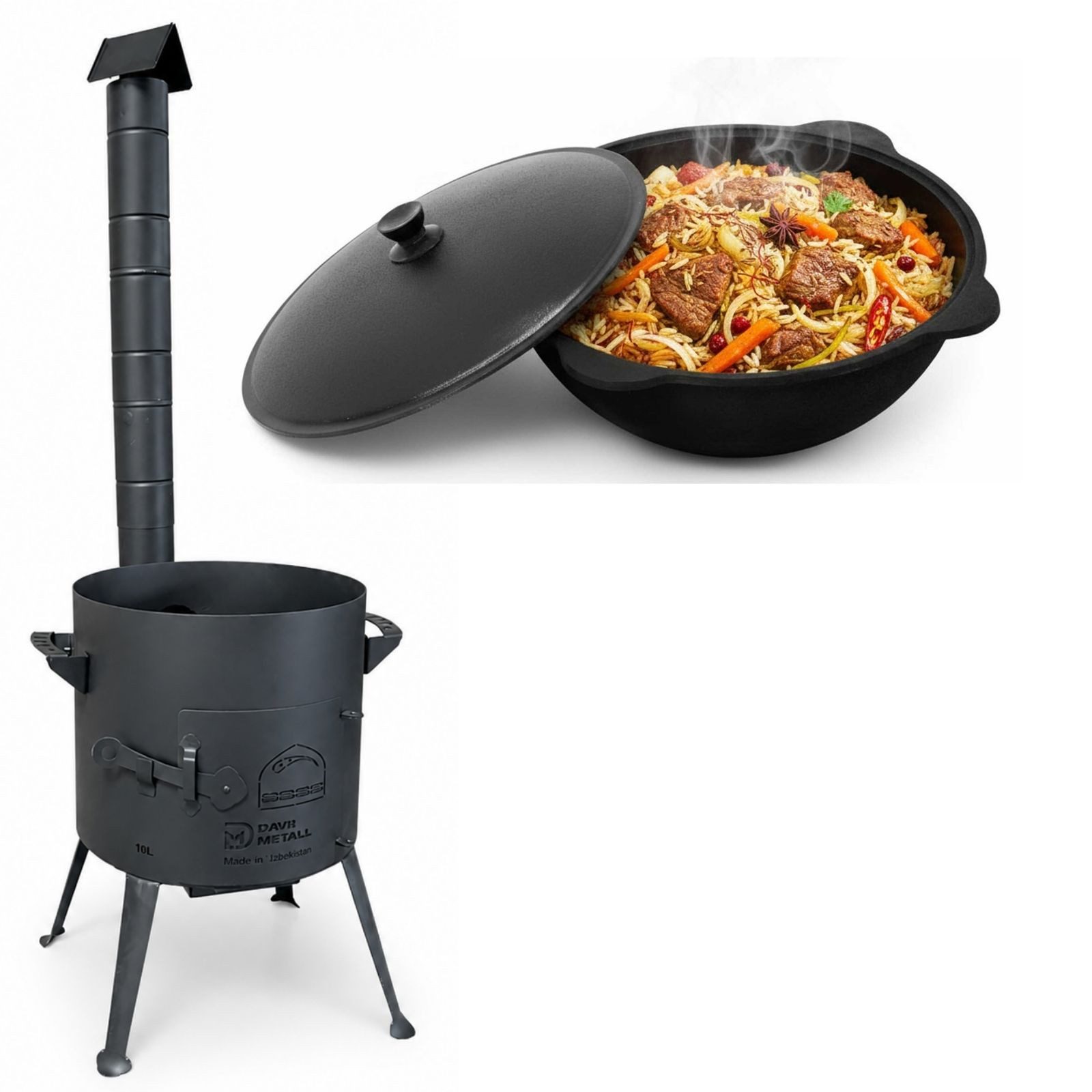 4BIG.fun Grilltopf Ø36 Uchag Utschak mit Abzugsrohr 12L Kazan Kasan, (Utschag Uchak Kasan Учаг Казан Außenküche Eintopfofen), 2mm stahl