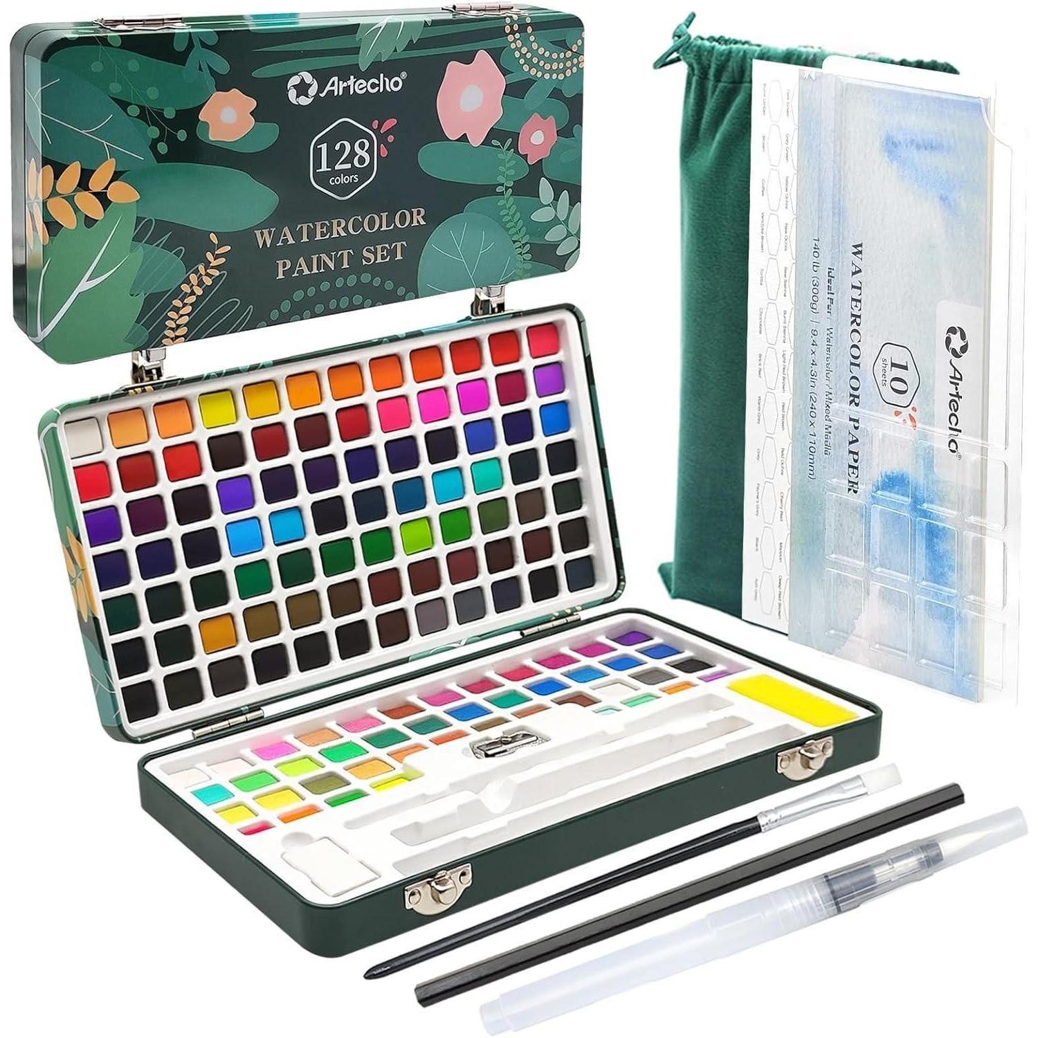 LuxusKollektion Malstift Aquarellfarben Box Aquarellpapier Pinsel Anfänger Profis 128 Farben