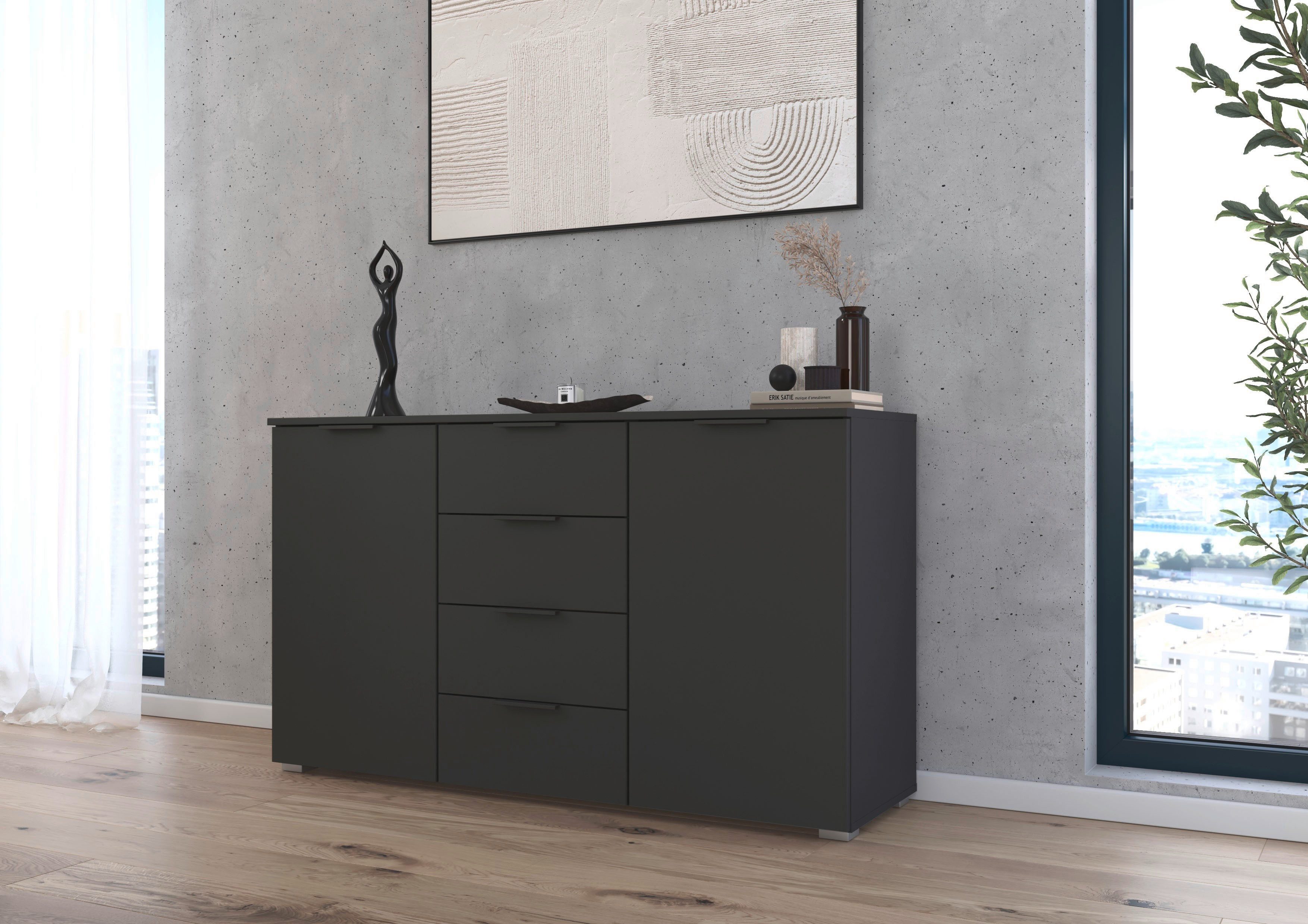 OTTO home Kombikommode Sideboard Schubladenkommode AGORDO mit Dekor- oder Hochglanzfront (in zwei Griff-Farben, Breite 120 cm), vier große Schubladen, mit insgesamt 4 Einlegeböden MADE IN GERMANY