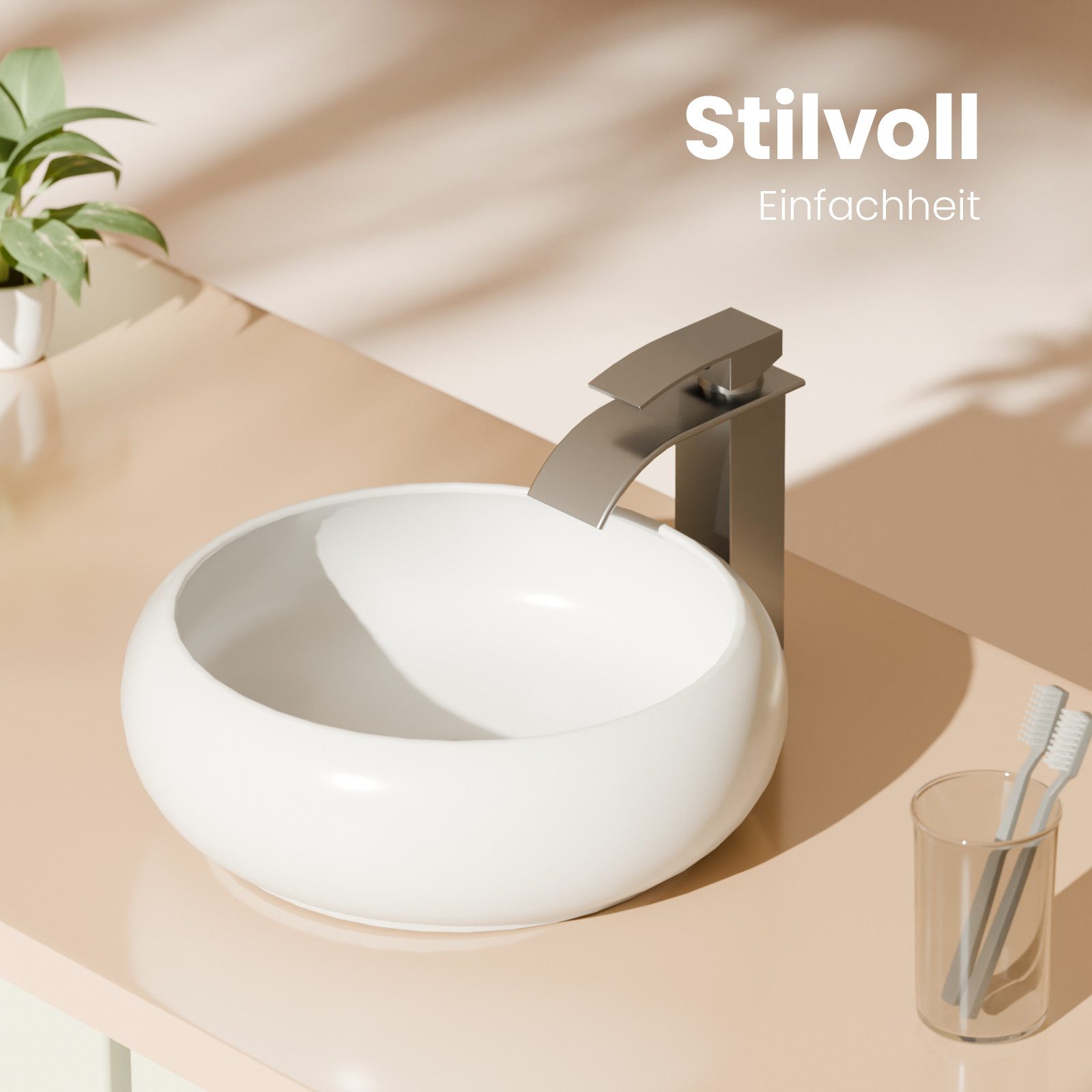 EMKE Aufsatzwaschbecken Keramik Waschbecken Rund Gäste-WC Handwaschbecken/Bad Aufsatzbecken, Breite 36.4 cm, Waschtisch ohne Überlauf pflegeleichte