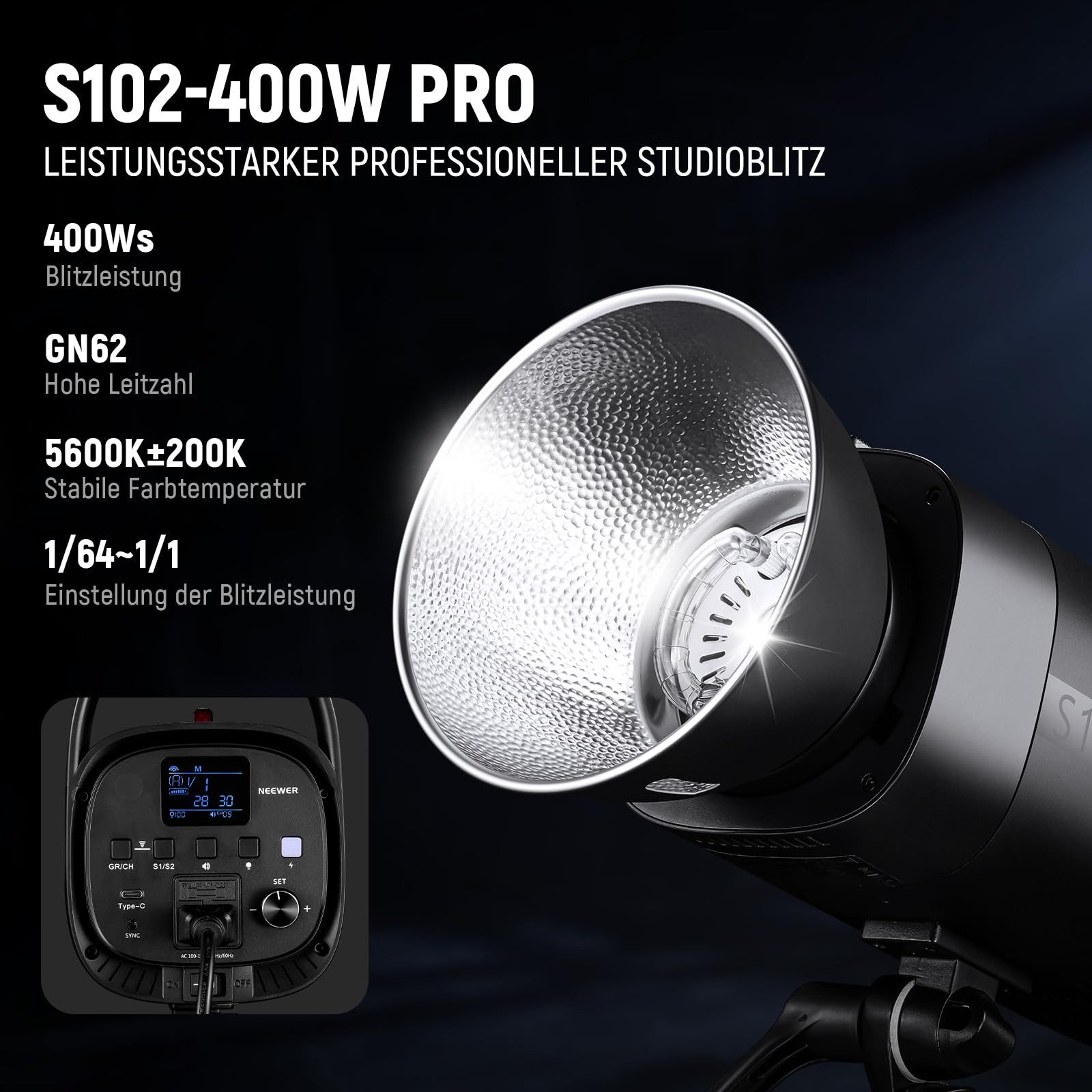 Neewer S102-400W PRO Stroboskop Blitzlicht, mit 2,4G Auslöser, 400Ws GN62 Studio-Blitzgerät, (5600K, Bowens Mount Reflektor, Unterstützt QPRO, S1/S2 Modus)