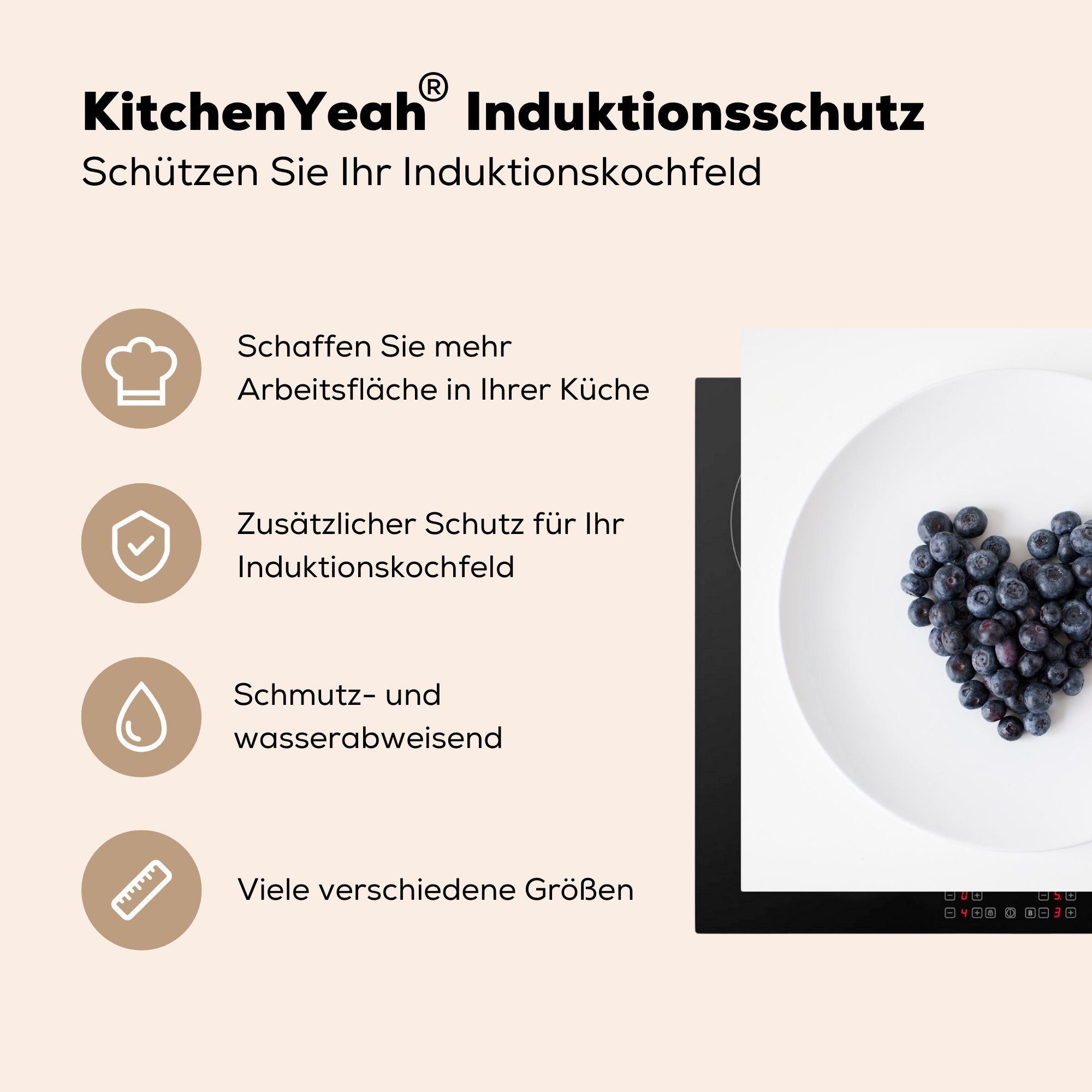 MuchoWow Herdblende-/Abdeckplatte Teller, - für küche Arbeitsplatte Blaubeeren - Ceranfeldabdeckung, Herz tlg), Vinyl, 78x78 (1 cm