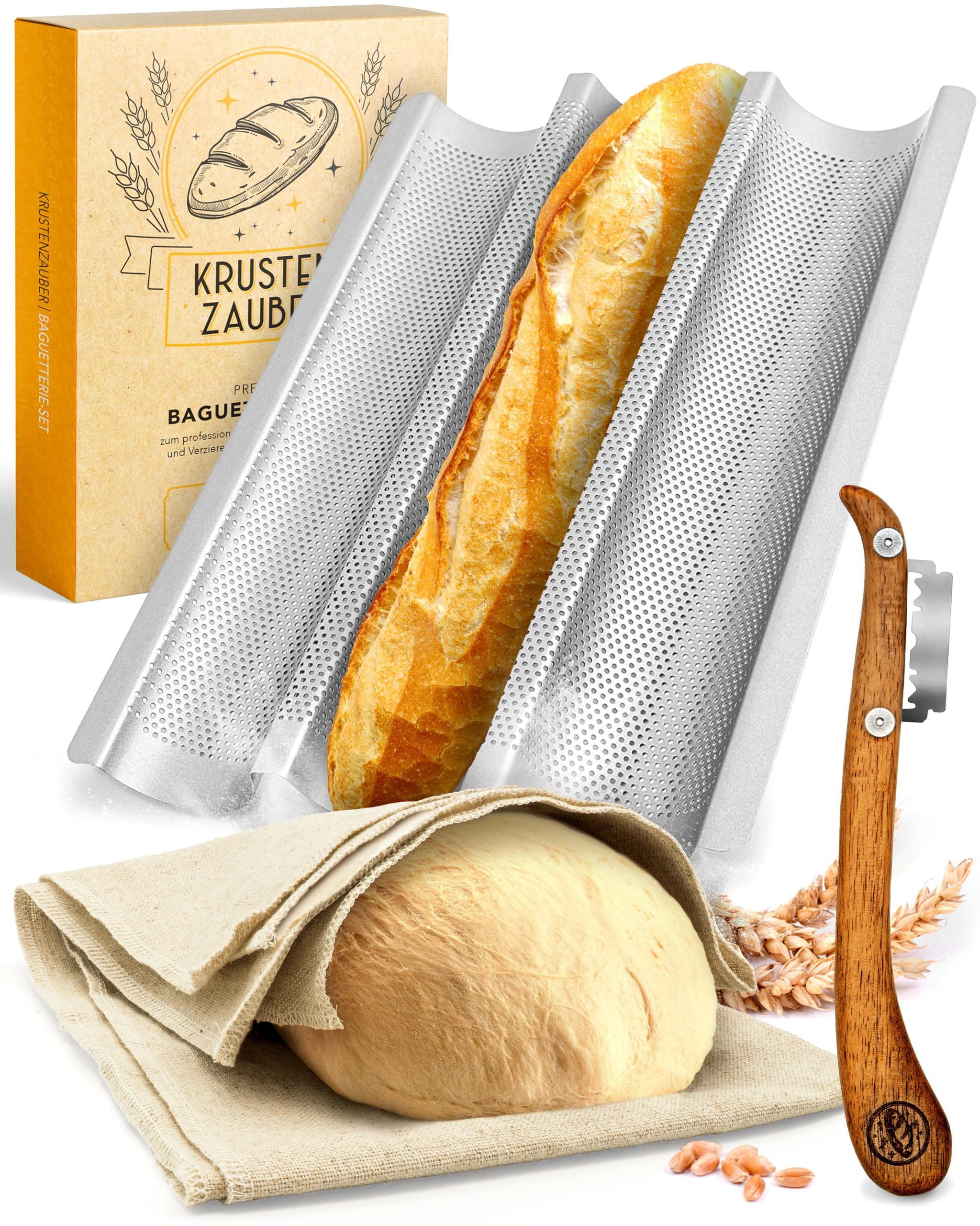 Krustenzauber Brotbackform Baguette Backform Antihaft inkl. Bäckerleinen u. Bäckermesser, (Baguette-Backblech - Ideal als Baguetteblech 3-tlg), Brotbackform, Baguetteform, Baguette Blech, Brot Backen Zubehör