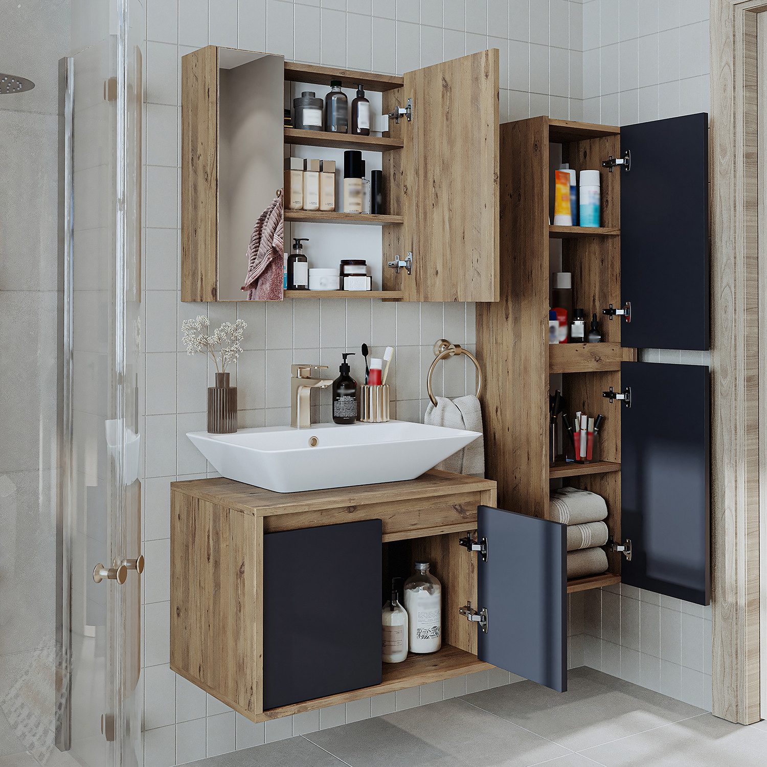 Roomart Badmöbel-Set Badmöbel-Set – Unterschrank, Waschbecken, Spiegelschrank & Hochschrank, (Badmöbel Set 65cm Unterschrank Waschbecken Spiegelscrank Hochschrank)