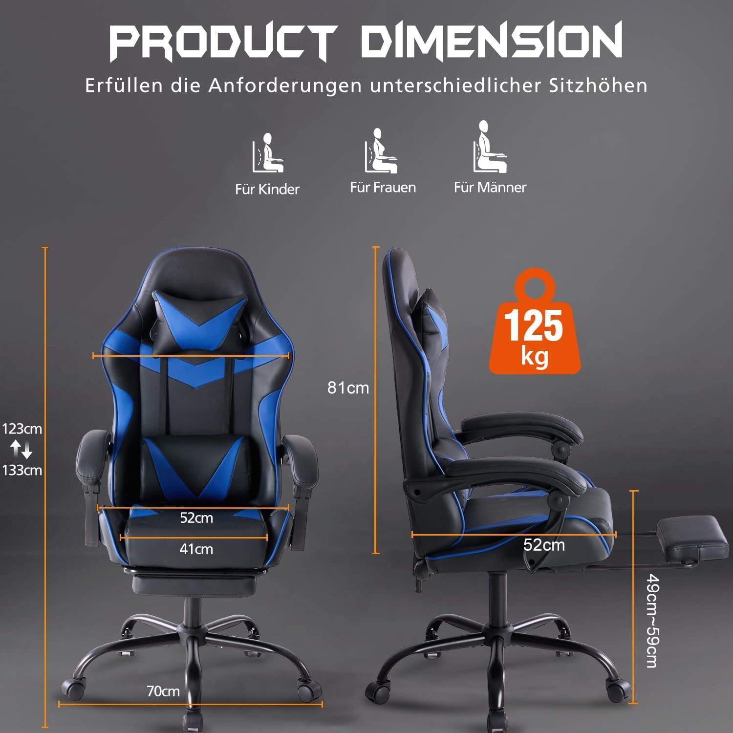 SURFOU Gaming-Stuhl Chefsessel Bürostuhl Ergonomisch Gamingstuhl PC Sessel Drehsessel, mit Fußstütze Kopfstütze Lordosenstütz Höhenverstellbar Drehsessel