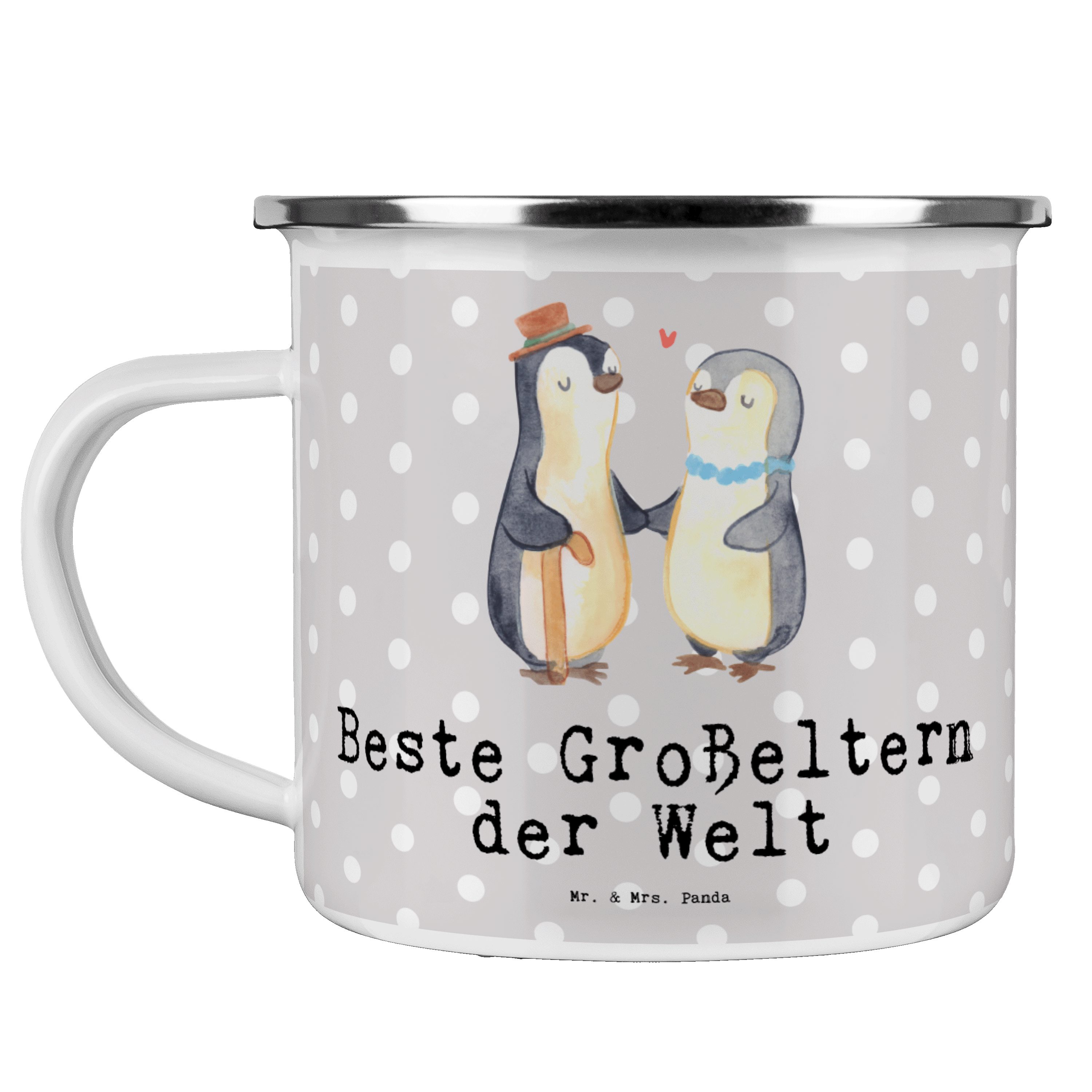 Mr. & Mrs. Panda Becher Pinguin Beste Großeltern der Welt - Grau Pastell - Geschenk, Metallta, Emaille