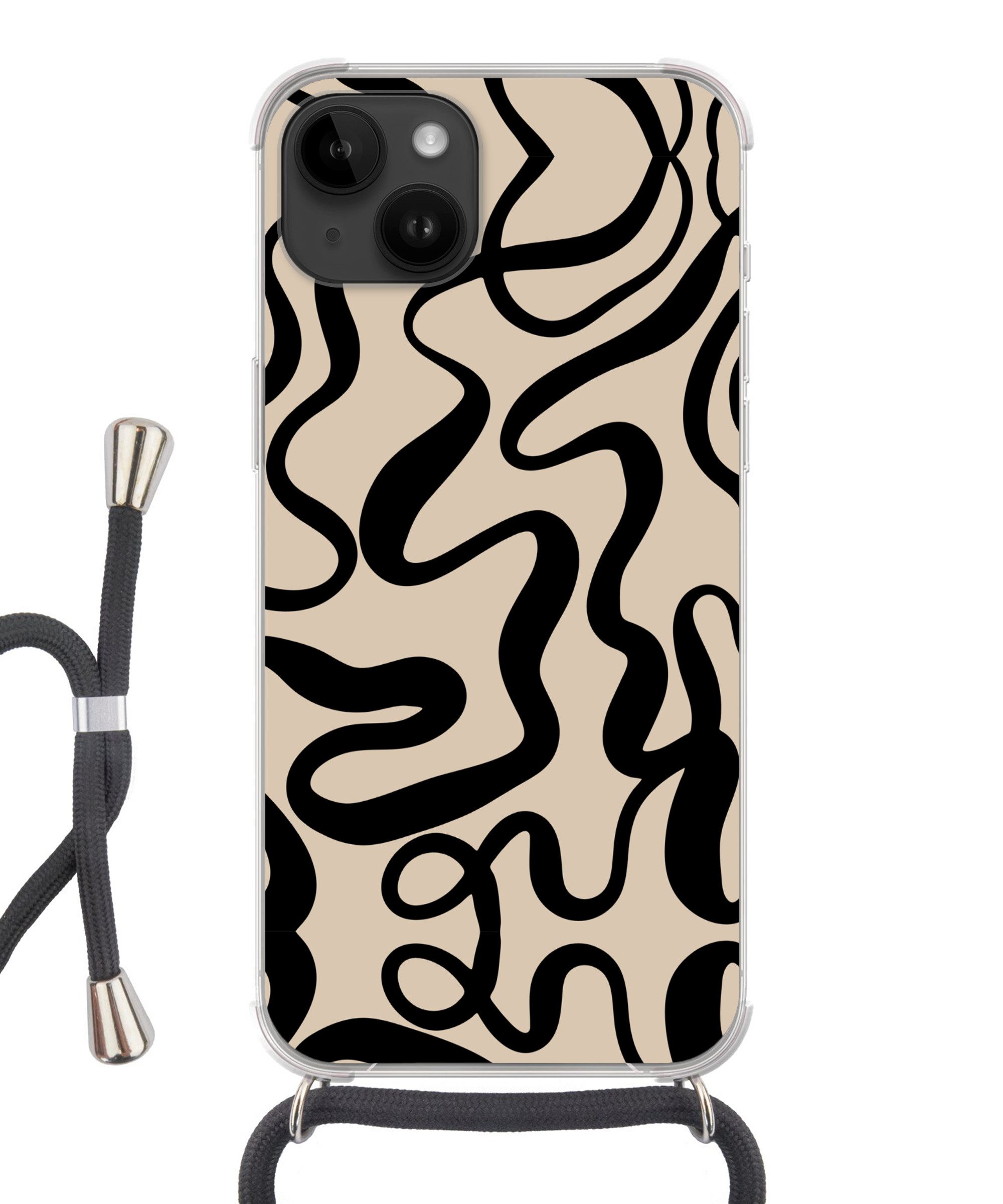 MuchoWow Handyhülle für Apple iPhone 14 Linien - Schwarz - Beige - Abstrakt - Minimalistis, Tragbare Handyhüllen mit Kette zum umhängen, Handykette Handyband