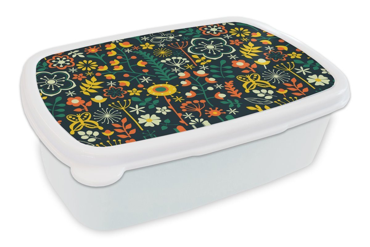 Mädchen Jungs - - für Lunchbox Pflanzen Kunststoff, -, Brotbox Schmetterling MuchoWow - - Kinder - Erwachsene, (2-tlg), Mädchen für Mädchen und und Muster weiß Kinder Brotdose,