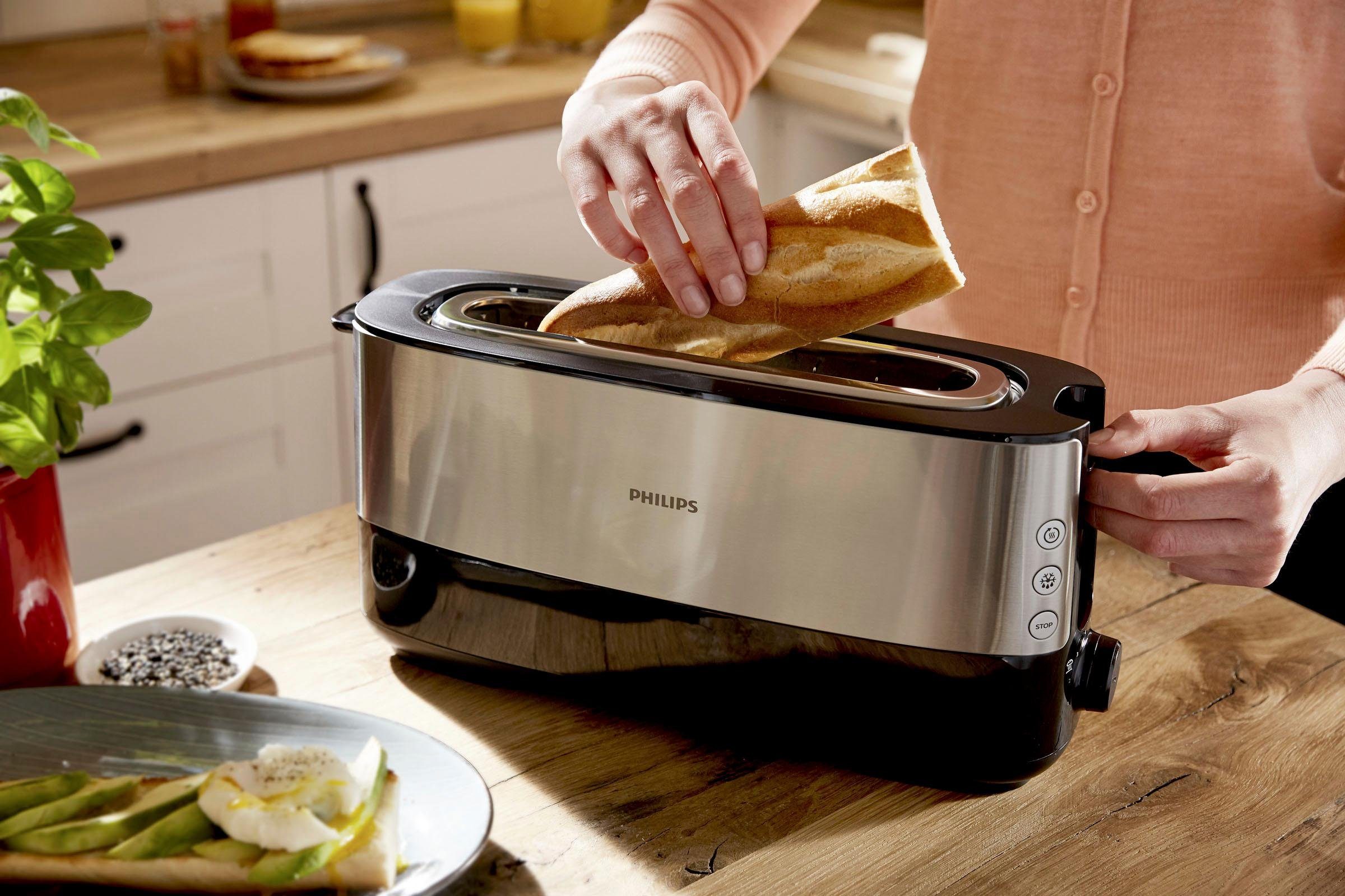 Philips Toaster HD2692/90, 1 langer Schlitz, für 2 Scheiben, 950 W, mit Aufwärm- und Auftaufunktion, integriertem Brötchenaufsatz