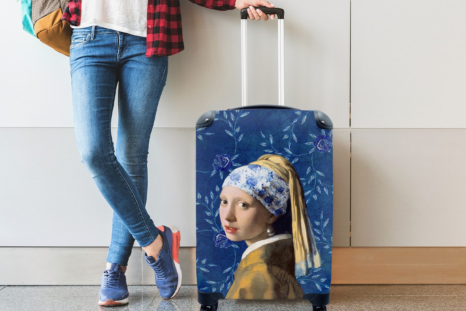 4 Handgepäckkoffer für Perlenohrring MuchoWow Reisetasche Vermeer Ferien, Trolley, Handgepäck Rollen, - - Delfter rollen, - Blau - Mädchen Blumen Gemälde, mit mit Reisekoffer