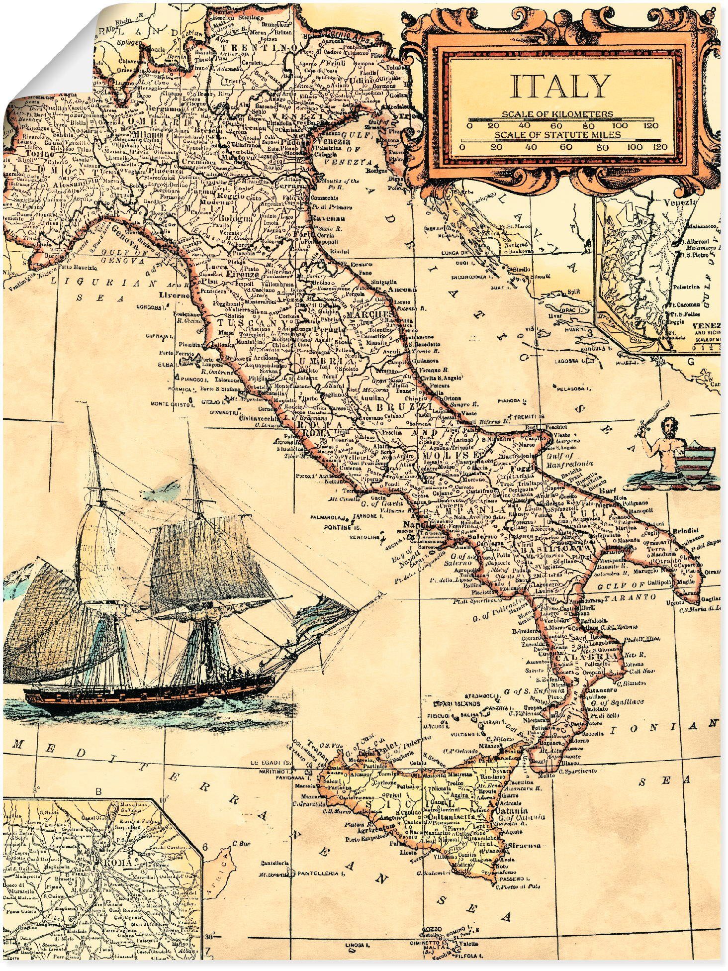 Artland Wandbild Italienkarte, Landkarten (1 Leinwandbild, St), Alubild, oder versch. Wandaufkleber Größen als in Poster