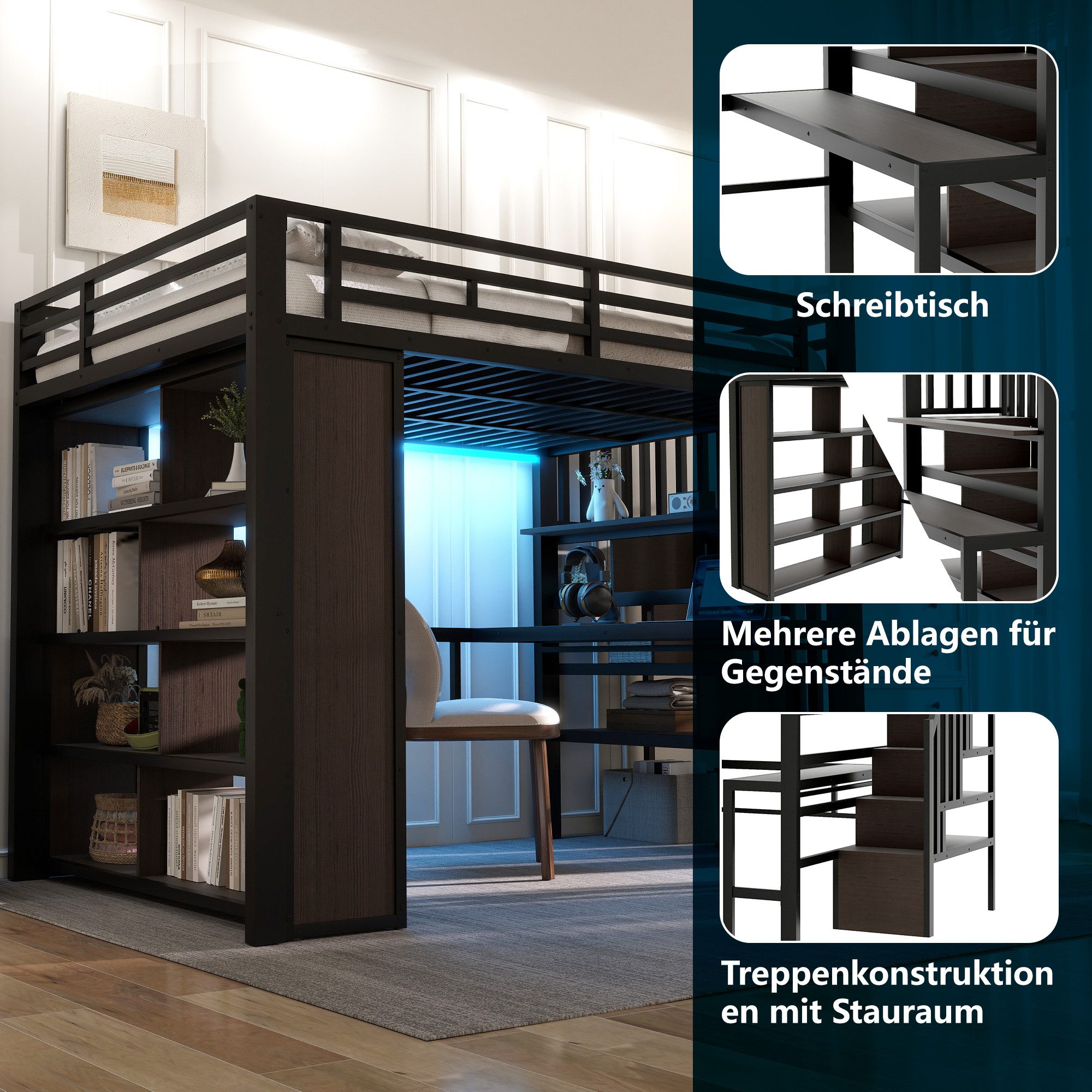 REDOM Hochbett mit robustem Eisenrahmen, LED-Beleuchtung (mit Schreibtisch, günstig online kaufen