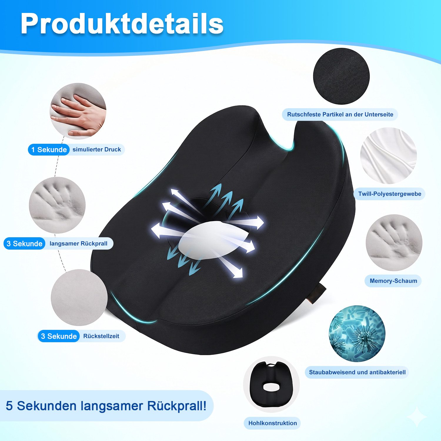 HEYHIPPO Sitzkissen Sitzkissen Memory Foam ergonomisch für Büro & Auto Schwarz 45×46×16cm, Hohles Sitzkissen groß –Druckentlastend für Bürostuhl, bis 90 kg – Bild 4 von 5