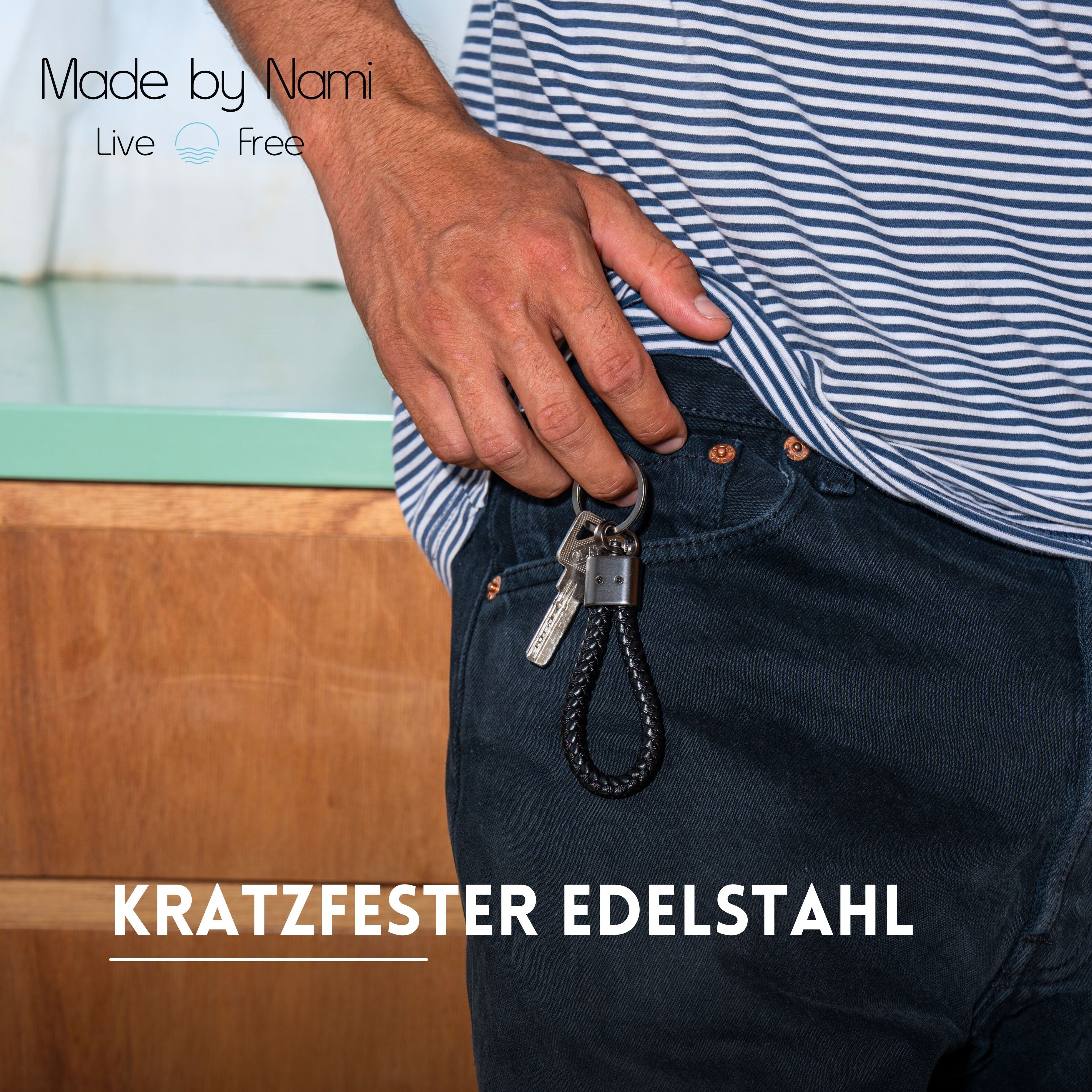 Made by Nami Schlüsselanhänger Set 3er Set Schlüsselanhänger Leder schwarz mit Schlaufe schlicht robust, aus veganen Leder – 3-teiliges Set - mit praktischer Schlaufe