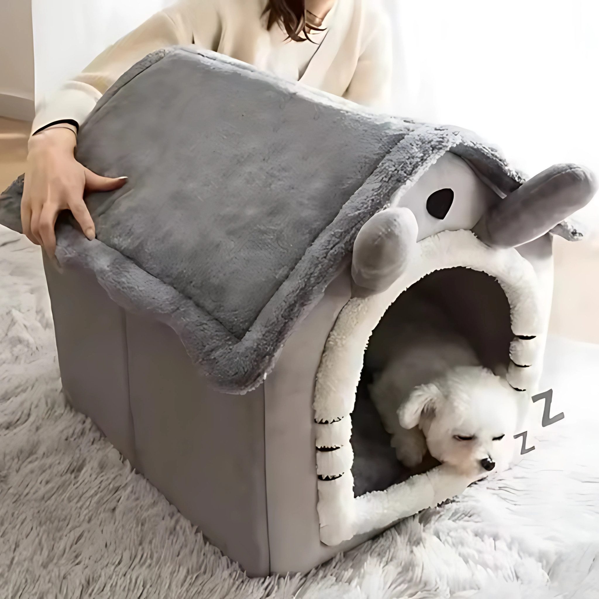 FLOCKI Pets™ Tierhaus Hundehaus, Katzenhaus, Tierhöhle, faltbare Hundehöhle, Tierhaus mit abnehmbaren Liegekissen, weich & flauschig