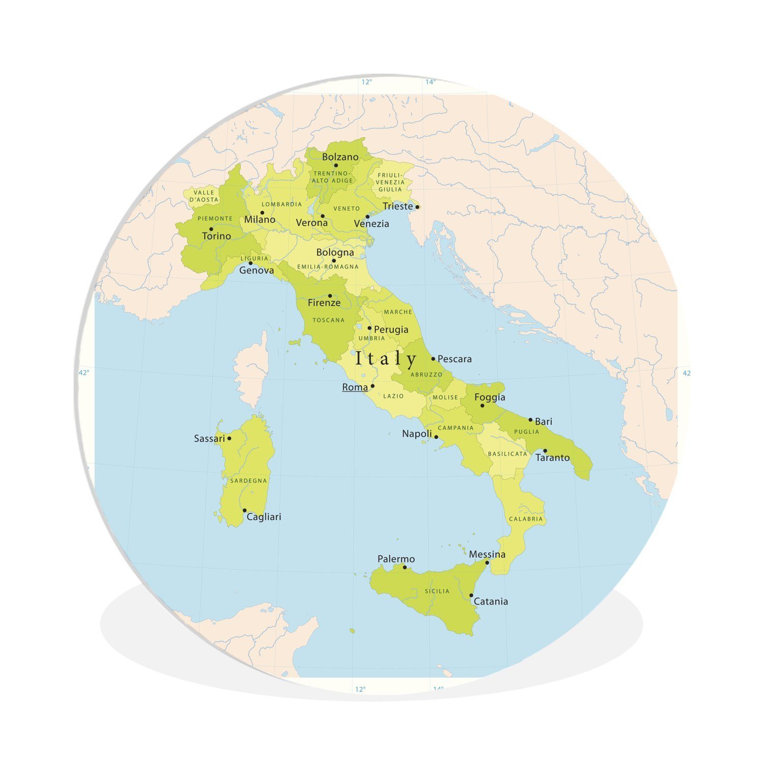 MuchoWow Gemälde Grüne Karte von Italien, (1 St), Kreis Wanddekoration Forex, Rundes Wandbild, Wohnzimmer, 30x30 cm