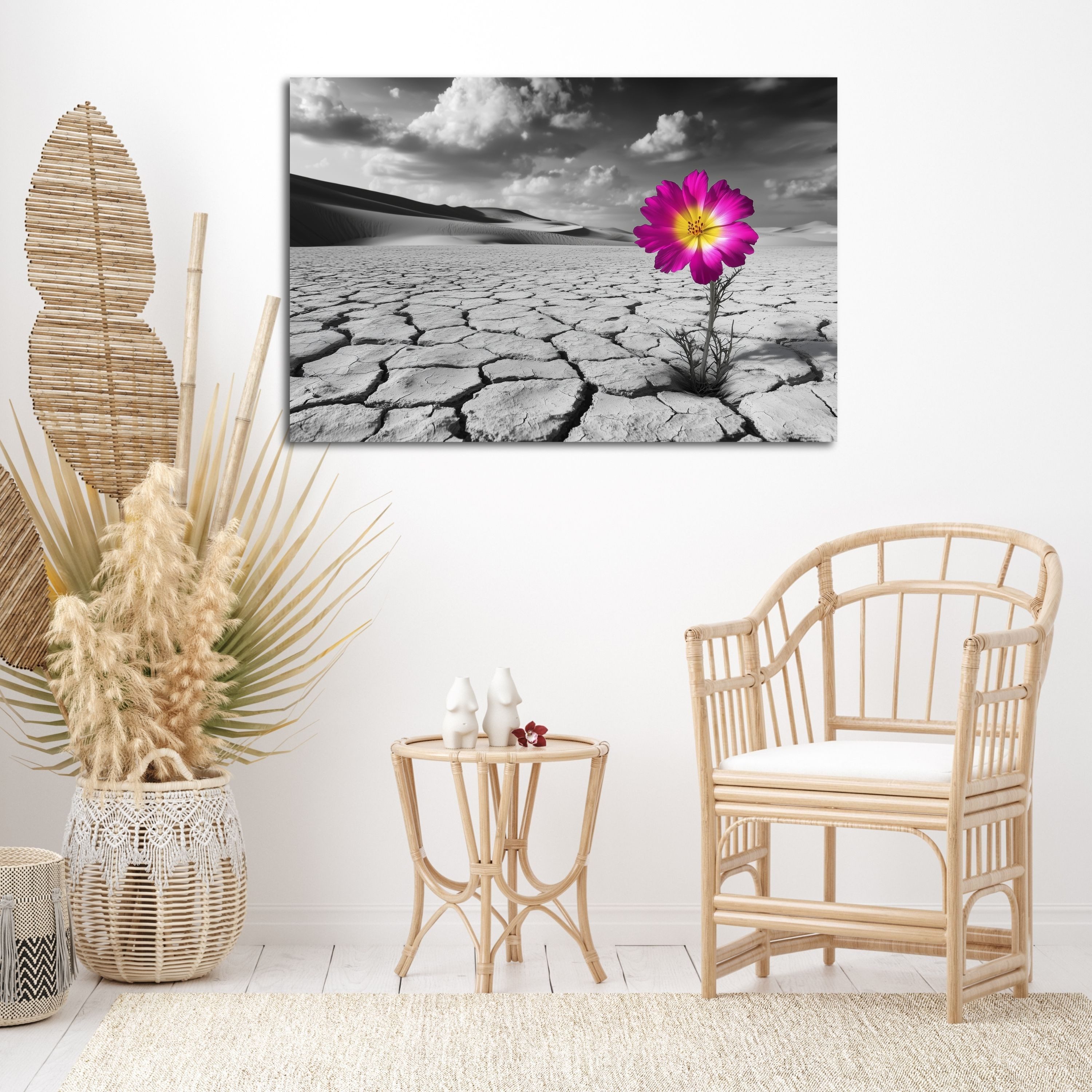 DARO Design Leinwandbild Modern Abstrakt Wandbilder XXL Wandbild Wand Deko Leinwand Bilder, (pink-gelbe Wüstenblume - Bild groß Wohnzimmer Schlafzimmer Küche Esszimmer Einteilig Querformat Fotodruck Leinwände Wanddeko Abstrakte Kunst Boho), 30x20cm
