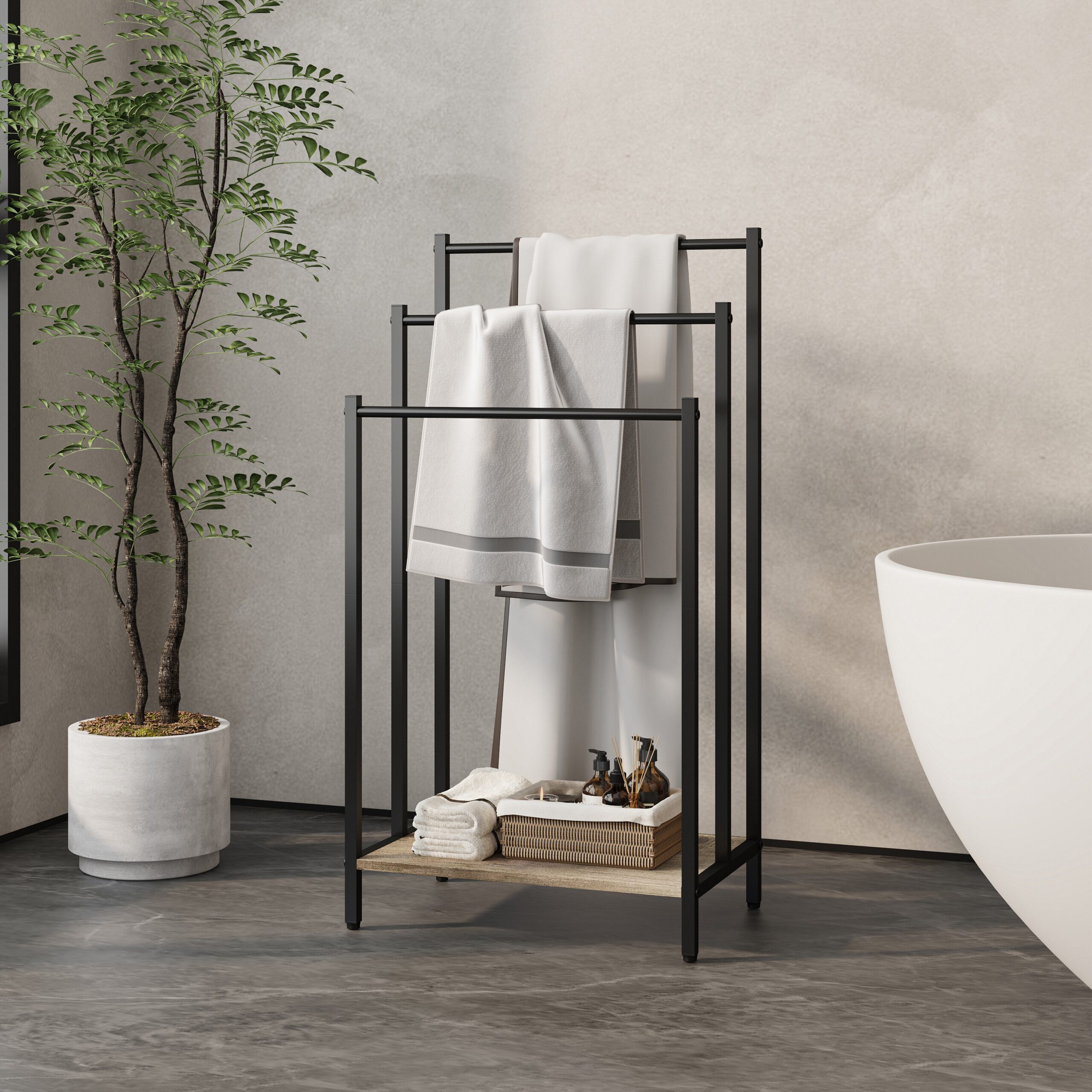 relaxdays Handtuchständer mit Ablage, Holzoptik-Schwarz günstig online kaufen