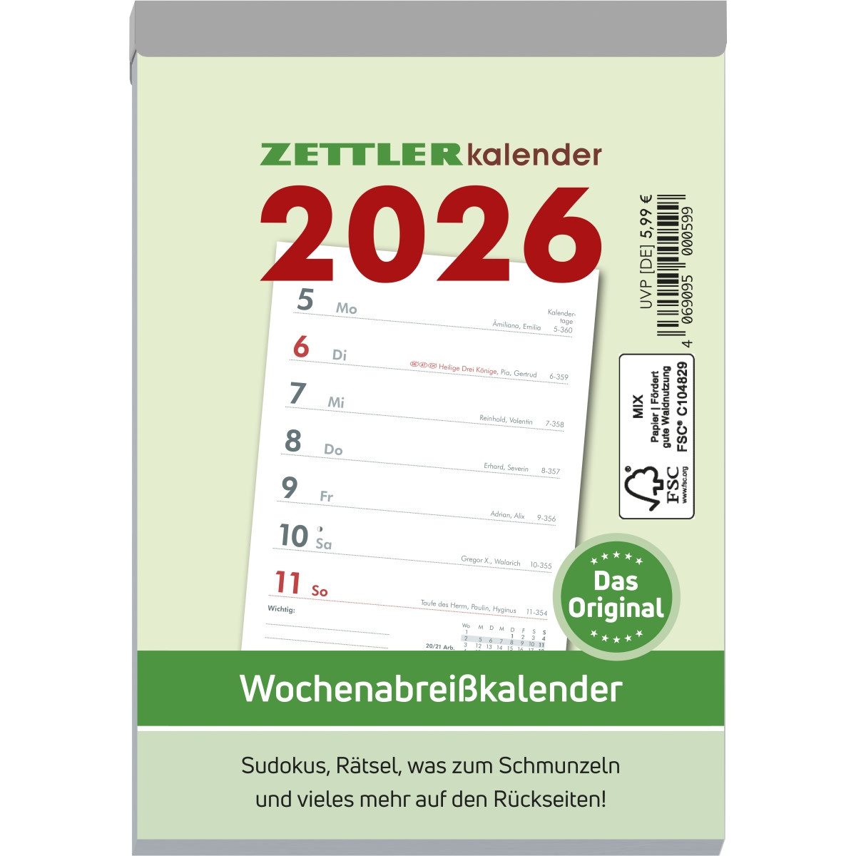 ZETTLER Abreißkalender Wochenabreißkalender 325 10,5x14,6cm 2026