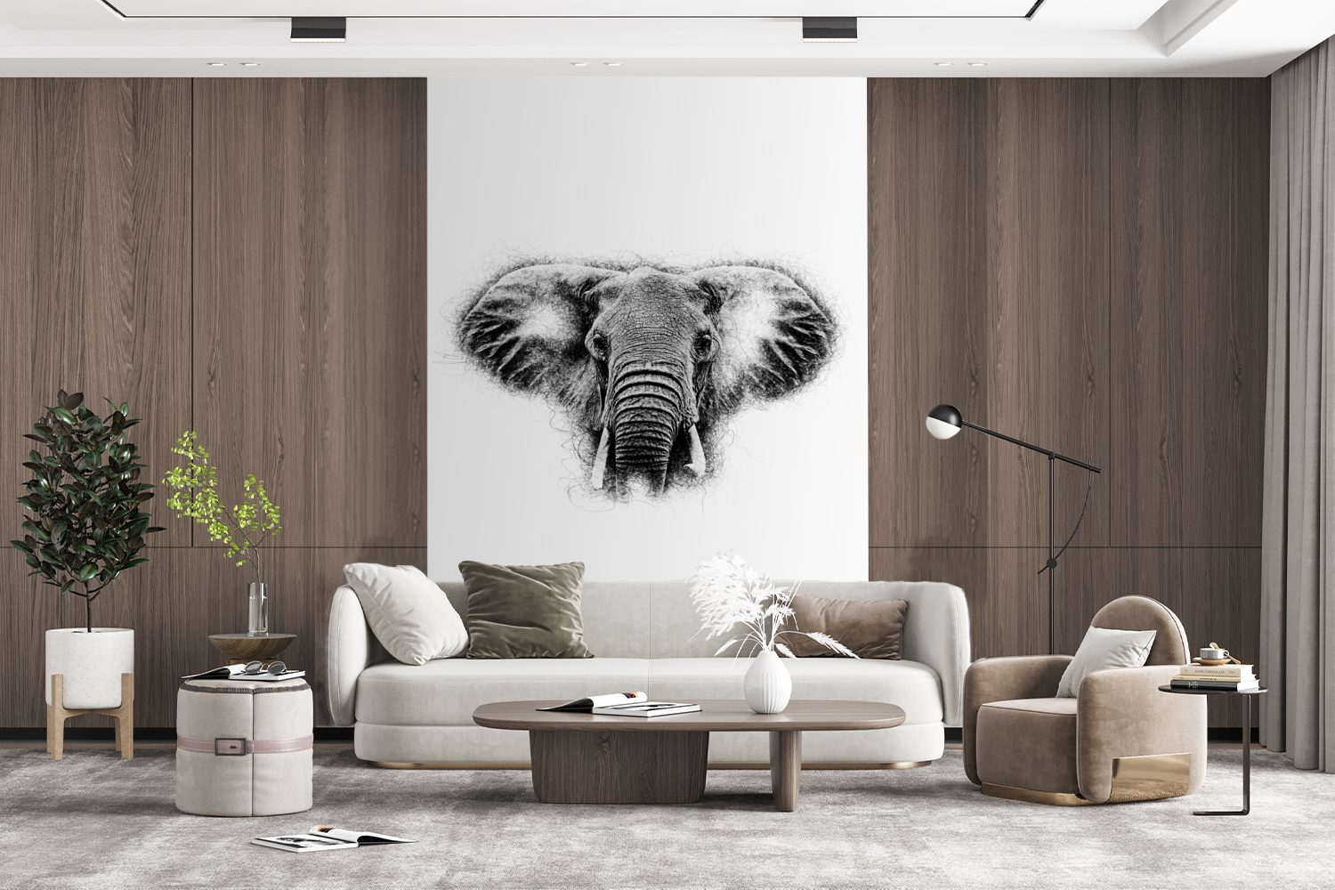 Wohnzimmer, für Wandtapete Fototapete MuchoWow bedruckt, Tapete Weiß - Vinyl Matt, St), - Tasse, - Schwarz Elefant (3 Montagefertig