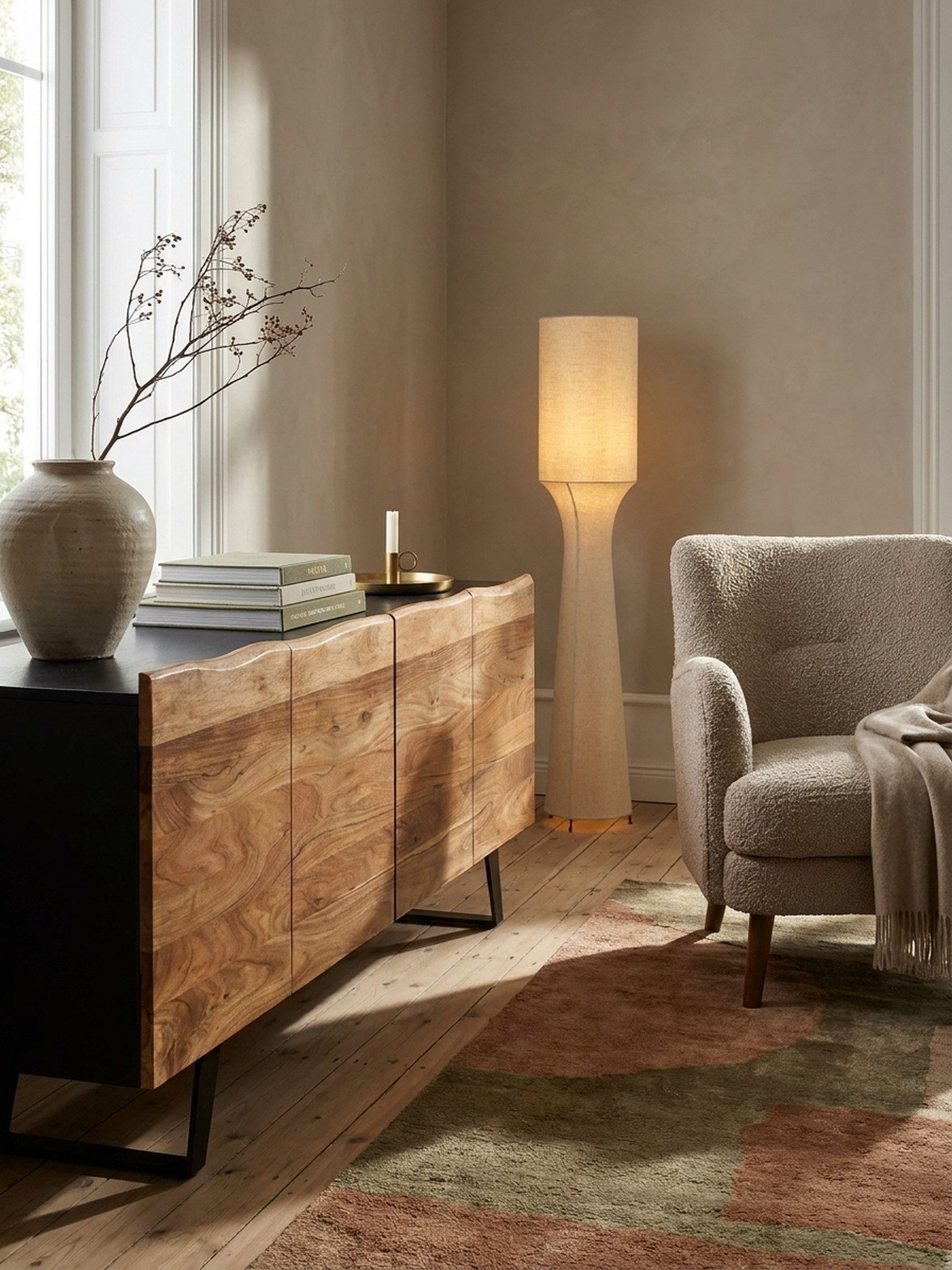 KADIMA DESIGN Kommode Sideboard Akazie Massivholz 180x75x45 cm Anrichte Schwarz mit (Standschrank Wohnzimmer mit Metallbeine), Baumkante, Kommode mit Türen, Kommodenschrank Flurschrank Modern