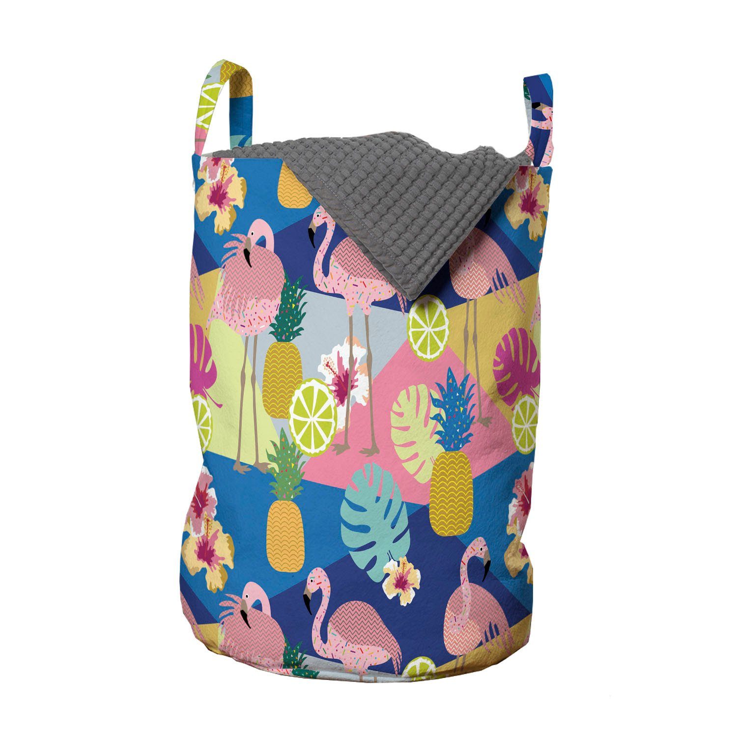 Abakuhaus Wäschesäckchen Wäschekorb mit Griffen Kordelzugverschluss für Waschsalons, Tropisch Flamingos Monstera Pflanze