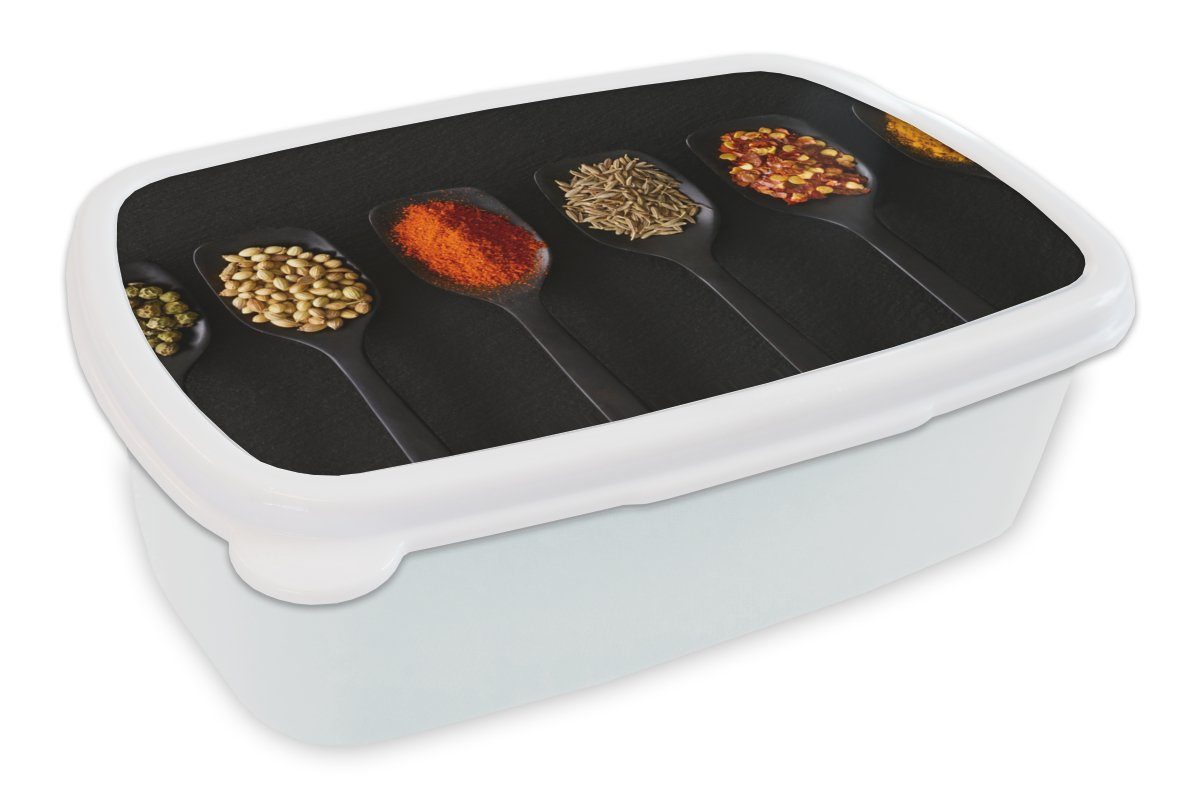 MuchoWow Lunchbox Löffel - Gewürze - Schwarz - Gewürze - Rustikal, Kunststoff, (2-tlg), Brotbox für Kinder und Erwachsene, Brotdose, für Jungs und Mädchen weiß | Lunchboxen