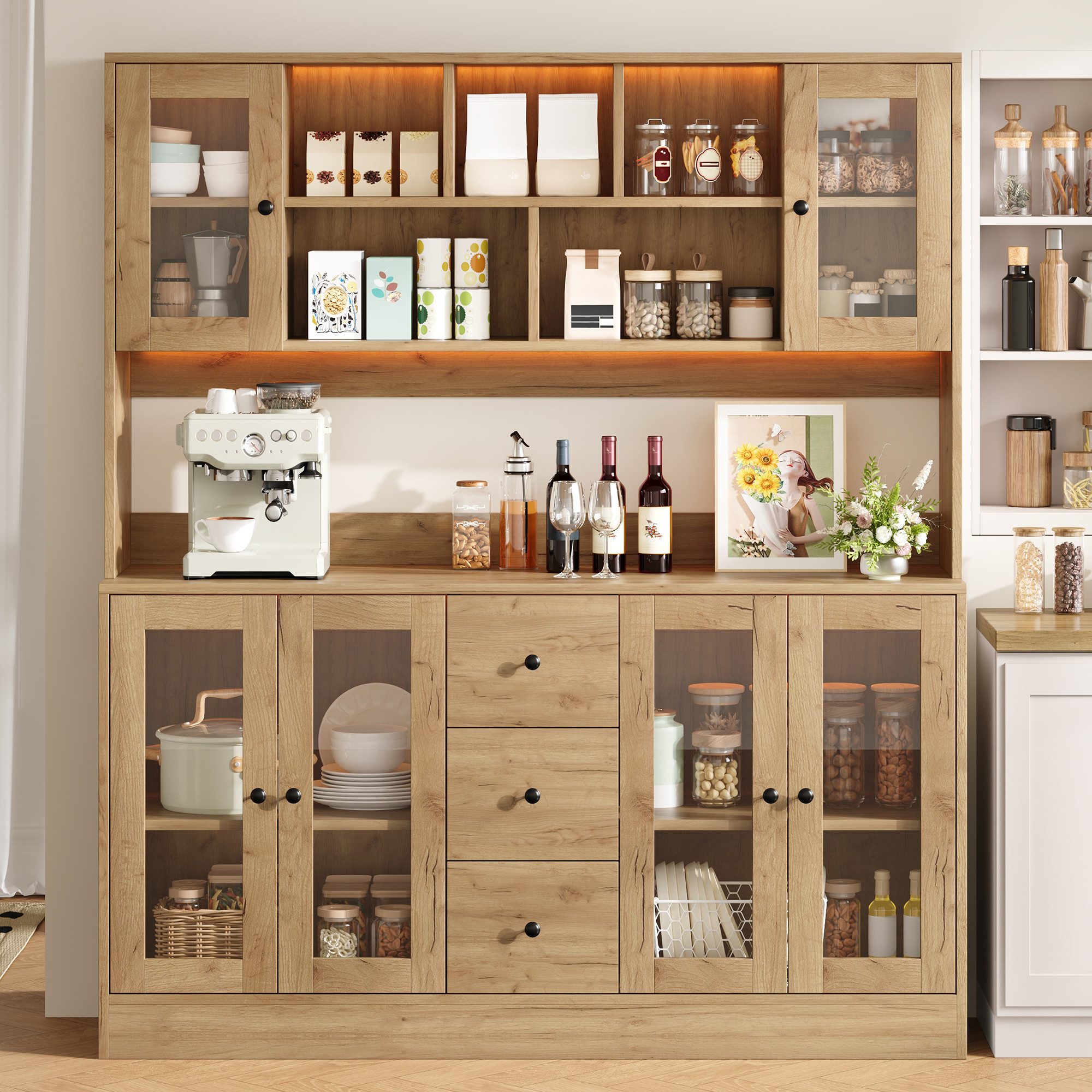 Flieks Küchenbuffet Hochschrank mit Arbeitsplatte Holzoptik, LED-Beleuchtung, Steckdose (150x40x173 cm, 1-St., Multifunktionsschrank mit …