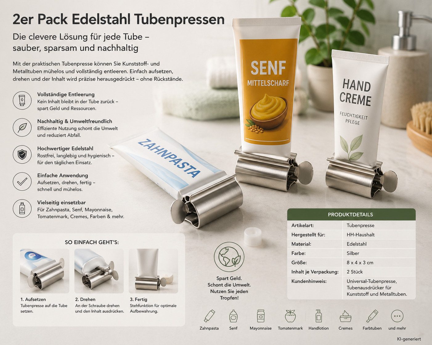 HH-Haushalt Tubenquetscher Tubenpresse, Tubenqutscher Edelstahl 2er Set