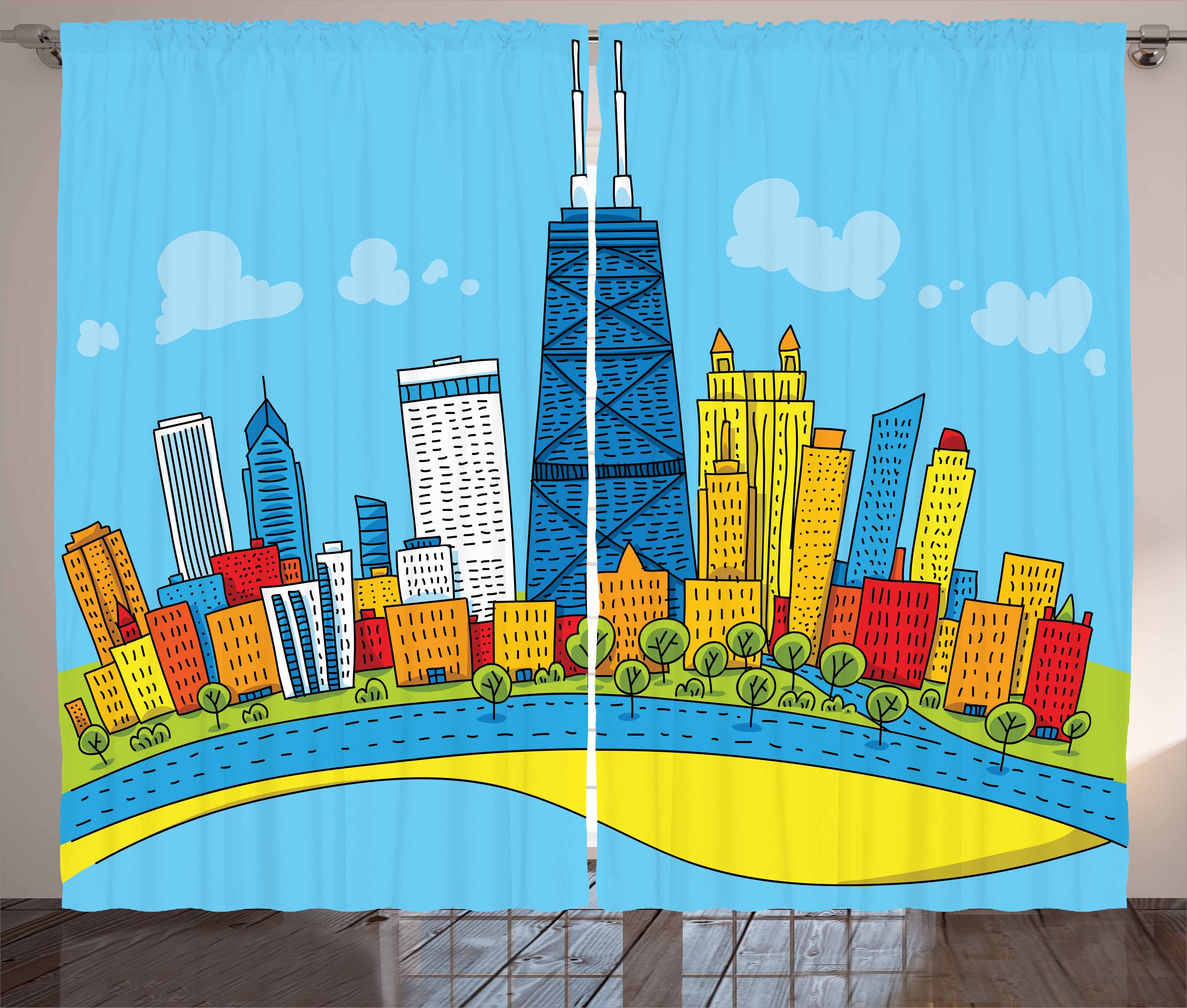 Schlafzimmer mit Chicago Kräuselband Gardine Skyline die und Stadt auf Abakuhaus, Vorhang Blick Haken, Schlaufen Cartoon