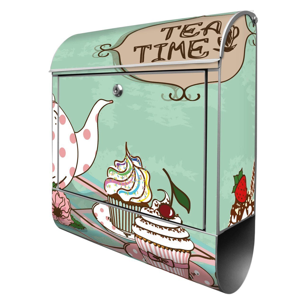 banjado Wandbriefkasten Stahl Tea Time (Wandbriefkasten witterungsbeständig, pulverbeschichtet, mit Zeitungsfach), 39 x 47 x 14cm silberfarben