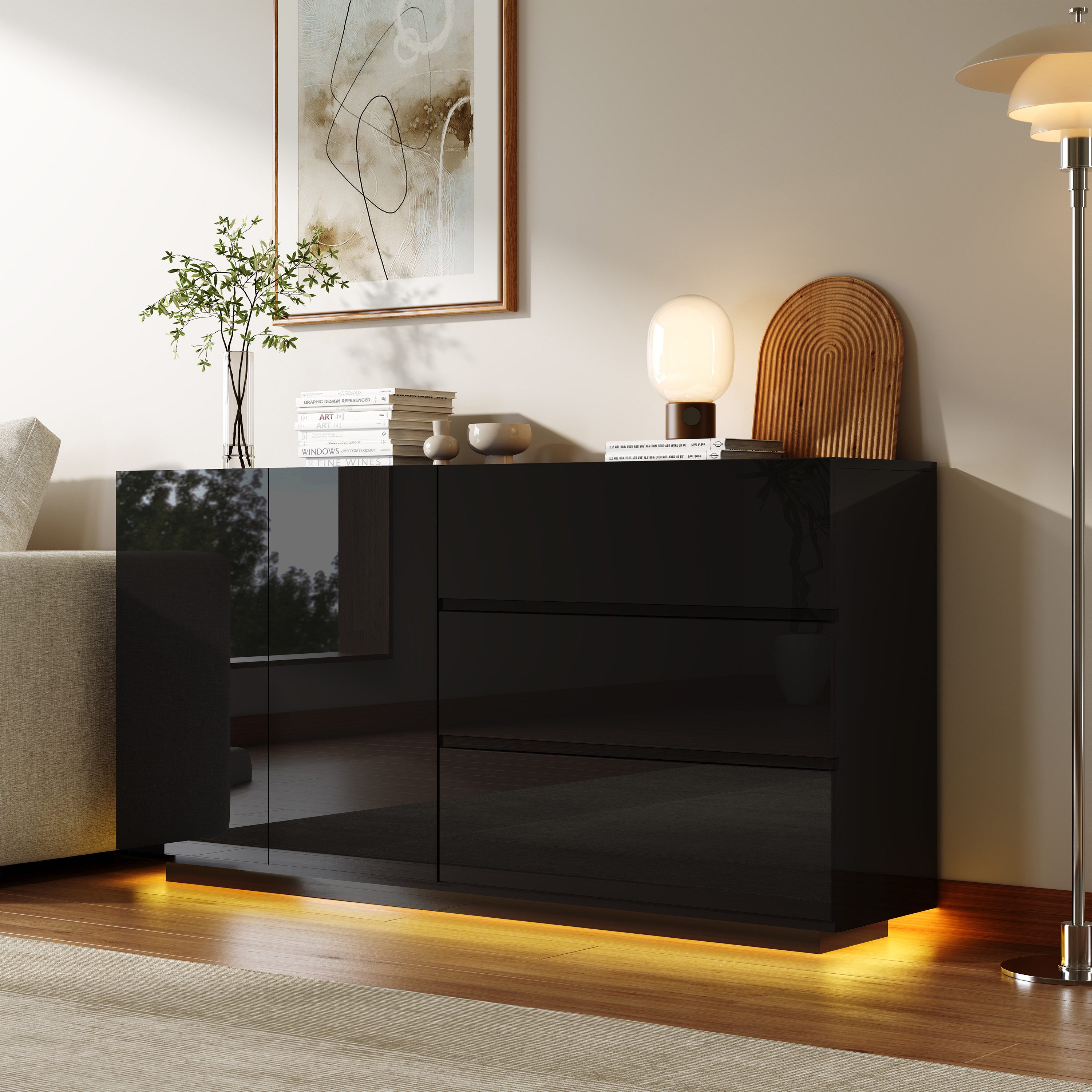 PXloue Sideboard Hochglanz Kommode( LED-Ambientebeleuchtung) , Modernes Sideboard mit 3 Schubladen und 2 Fächern, Breite 160 cm