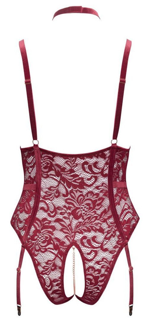 Cottelli CURVES Body Ouvert Spitzen-Body mit Kette im Schritt - rot (1-tlg) Roségoldfarbene Accessoires