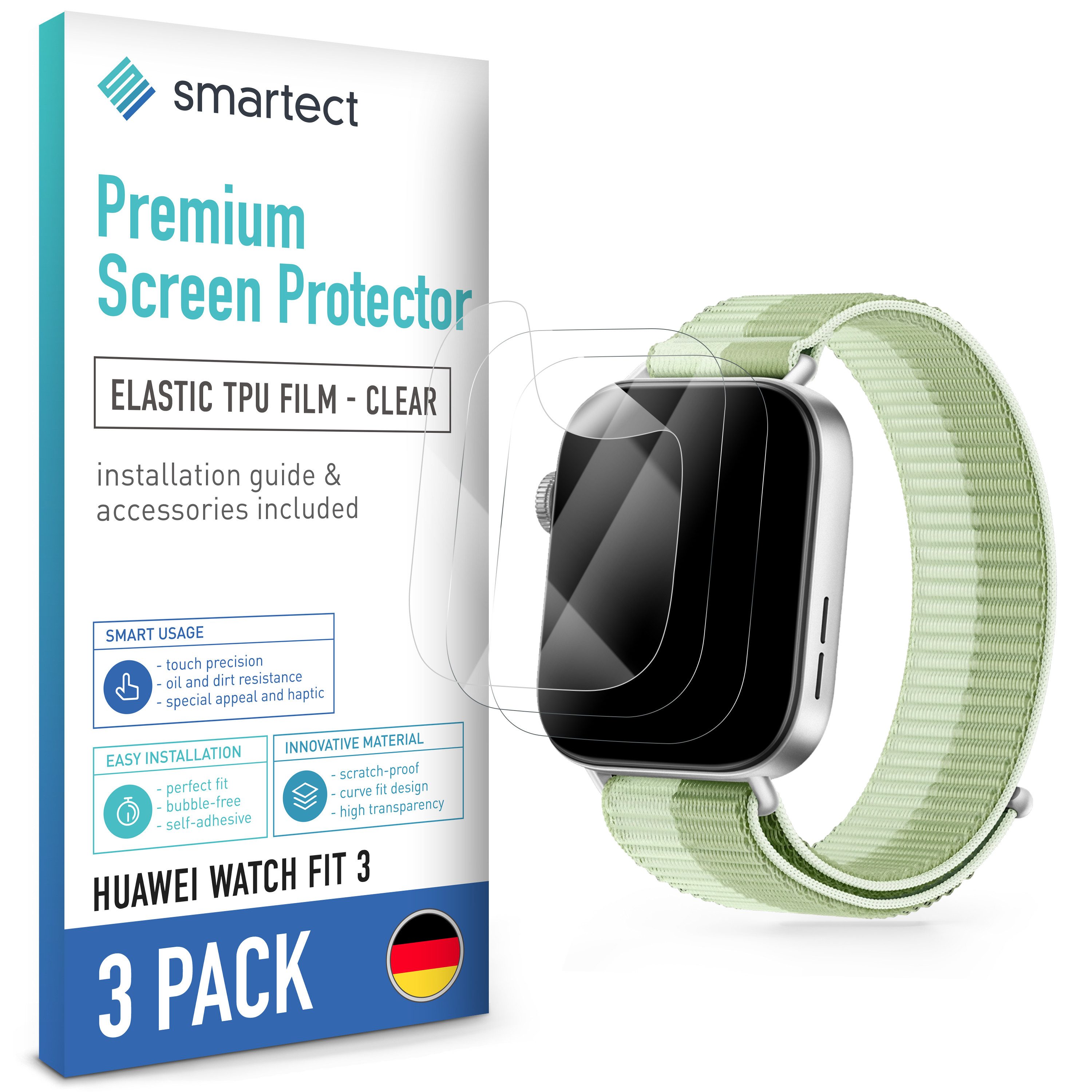 smartect Displayschutzfolie TPU Schutzfolie Klar für Huawei Watch Fit 3, Set, 3 Stück, Panzerfolie Bildschirm Displayfolie