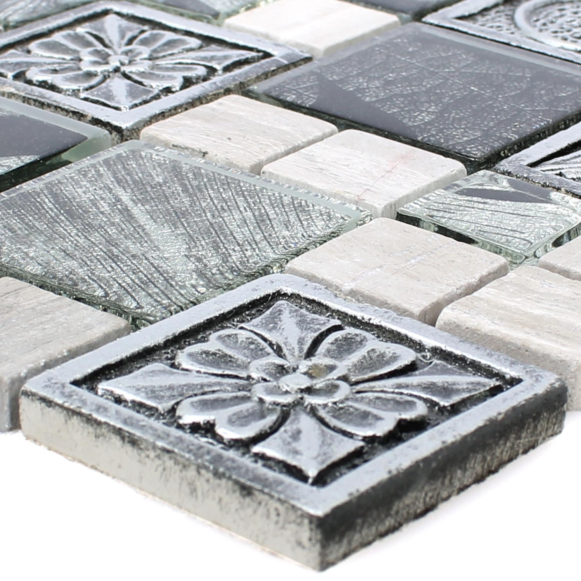 Mosafil Mosaikfliesen Mosaikfliesen Levanzo Glas Resin Ornament Mix, Naturstein-Resin-Glas 30.000x30.000, schwarz-grau-silber, Verlegefertig auf ein Netz geklebt