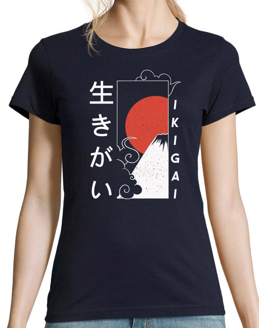 Youth Ikigai trendigem Designz T-Shirt Japan Navyblau Shirt Damen mit Frontprint