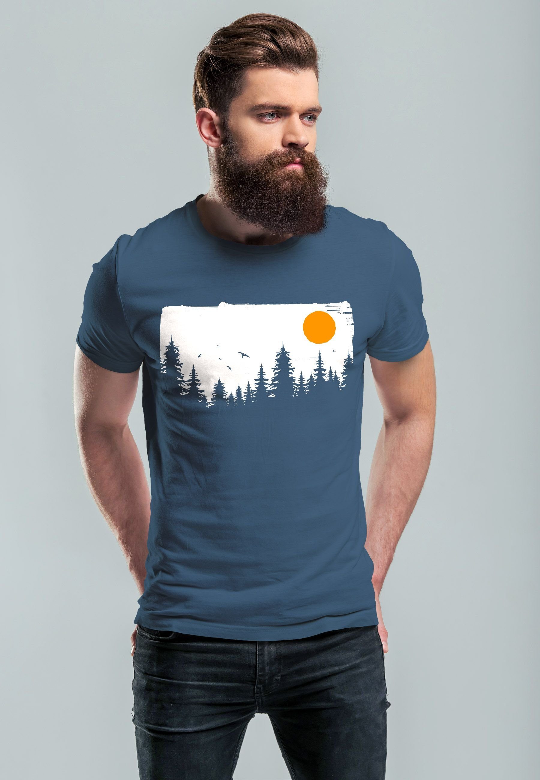 Outdoor Print-Shirt Herren denim mit Neverless T-Shirt blue Print Abenteuer Bäume Natur-Liebhaber Adventure Wald