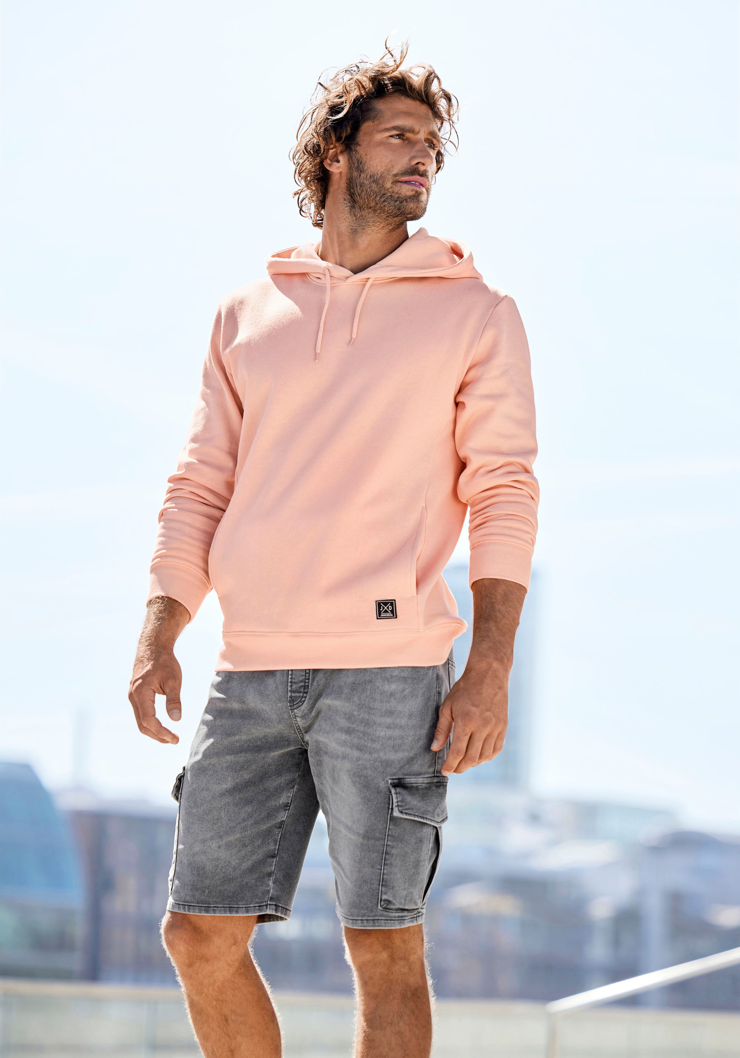 John Devin Hoodie Langarm, Sweatshirt mit Rundhals und Kapuze, Baumwollmischung