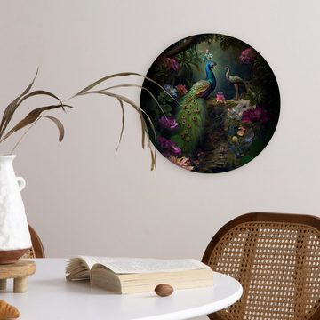 MuchoWow Gemälde Pfau - Blumen - Vögel - Dschungel, (1 St), Kreis Wanddekoration Forex, Rundes Wandbild, Wohnzimmer, 30x30 cm